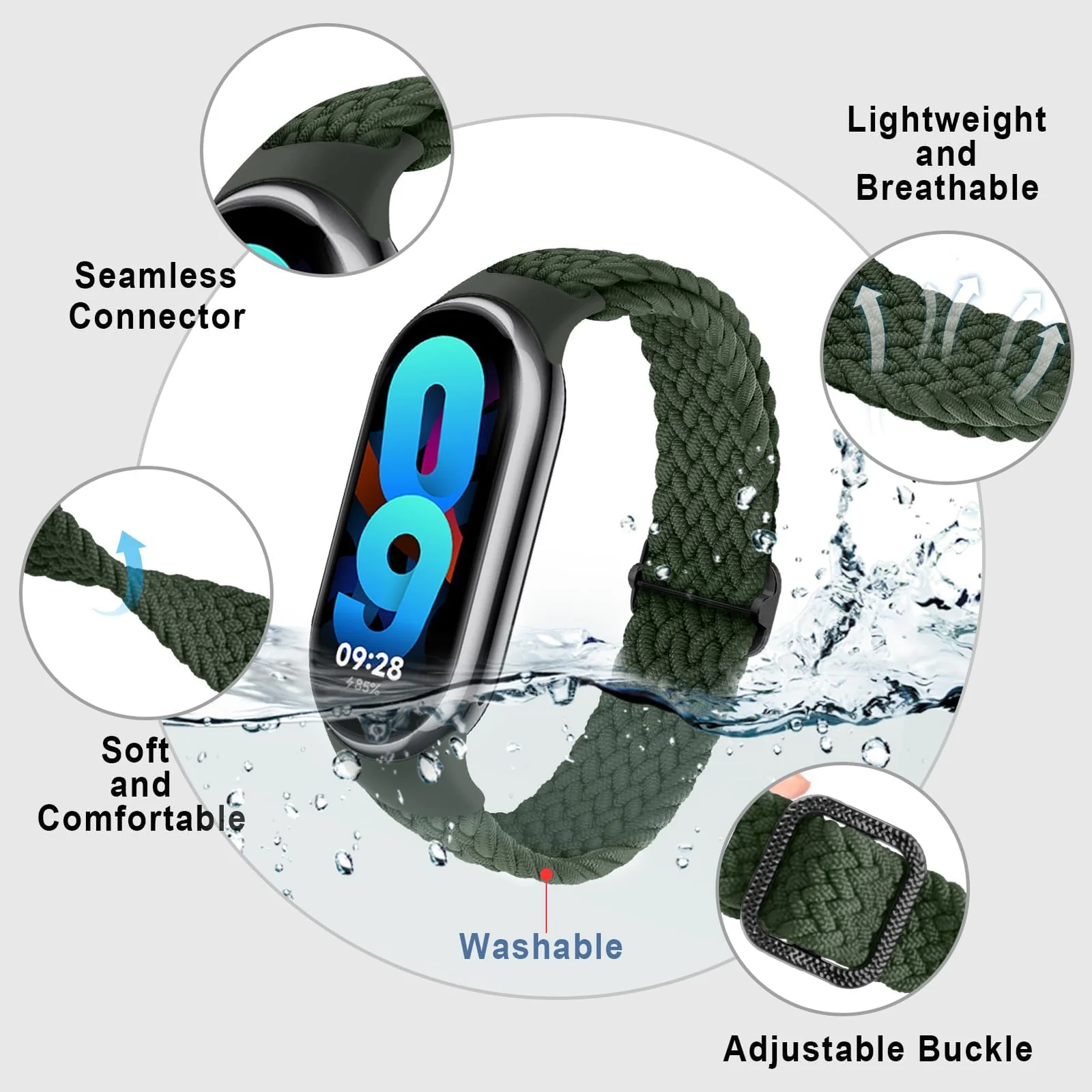 DL3 Mobilak Compatible with Xiaomi Mi Band 10/9/8 strap, Braided Solo Loop for Nylon Elastic Adjustable Replacement Wristband Compatible with Xiaomi Smart Band 8/9/10 - Green