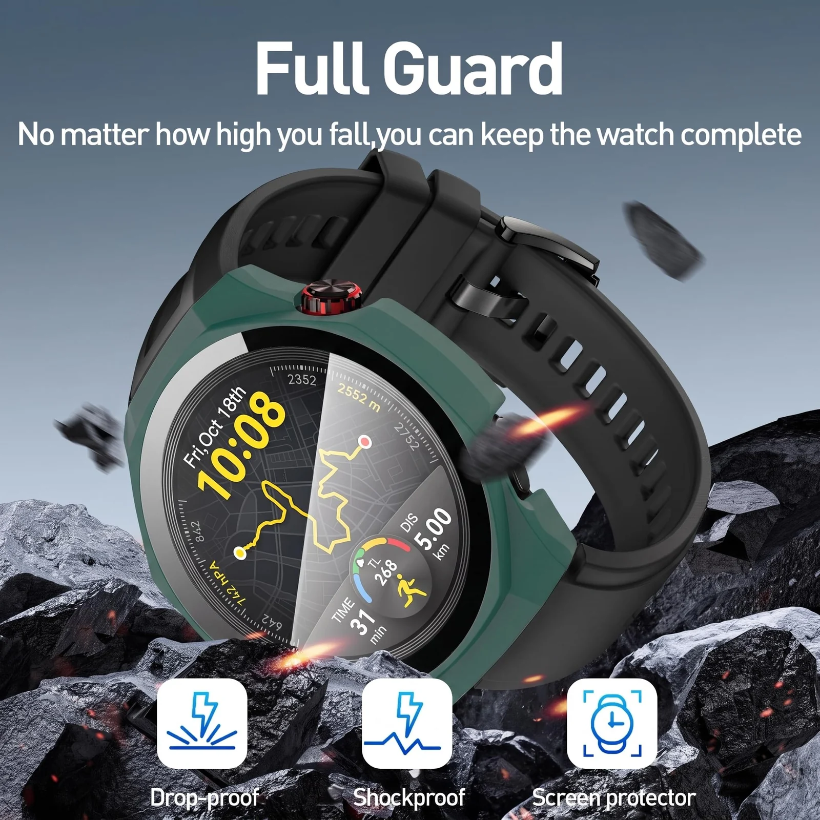 DL3 MOBILAK Full-Coverage Watch Case with Tempered Glass for Huawei Watch GT 5 Pro 46 mm, Green