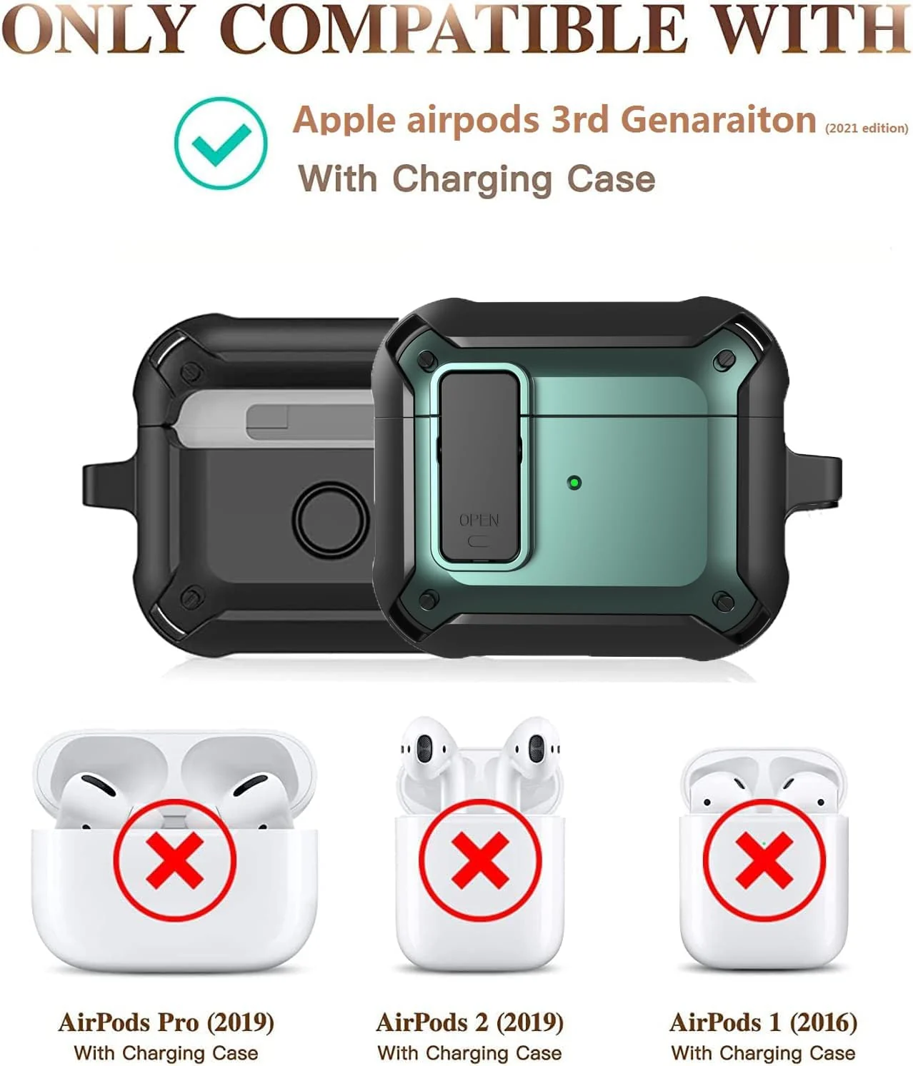 DL3 Mobilak Case Compatible with AirPods 3rd Generation with Lock, Rugged Armor Compatible with AirPods 3 Case with Keychain Shockproof Hard Shell Compatible with AirPods 3 Case - Black Green