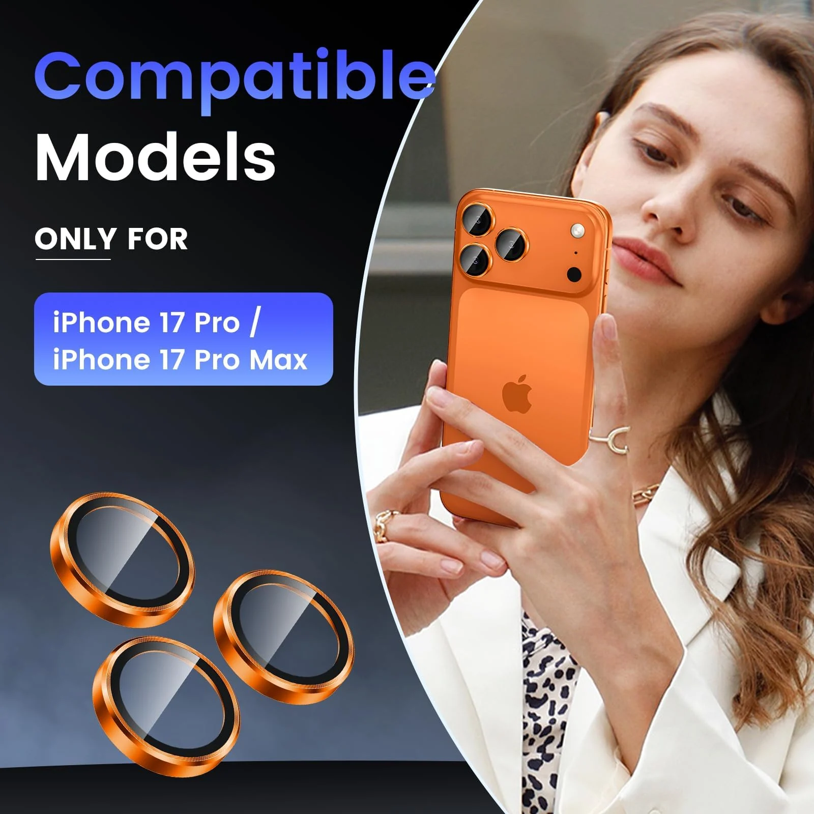 DL3 Mobilak Camera Lens Protector For iPhone 17 Pro/iPhone 17 Pro Max, [Keep Original Shooting] Tempered Glass Screen Protector Metal Individual Camera Cover, Case Friendly - Cosmic Orange
