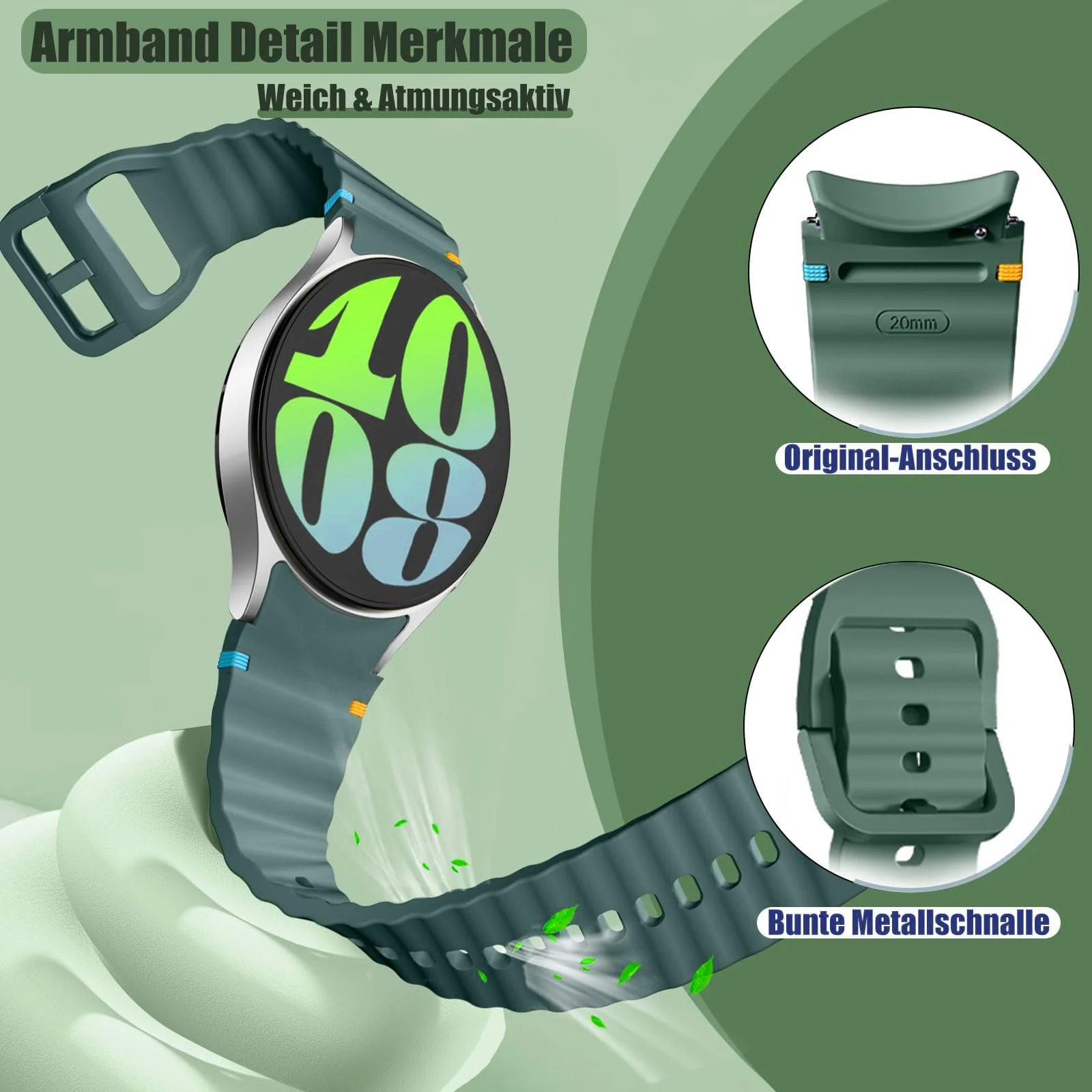 DL3 Mobilak No Gap Sport Bands For Samsung Galaxy Watch 7 6 5 4 FE Strap 40mm 44mm, Soft Silicone Sport Band for Galaxy Watch 6 Classic Straps 47mm 43mm/Galaxy Watch 5 Pro/Watch 4 Classic 42mm 46mm for Men Women - Pine Green