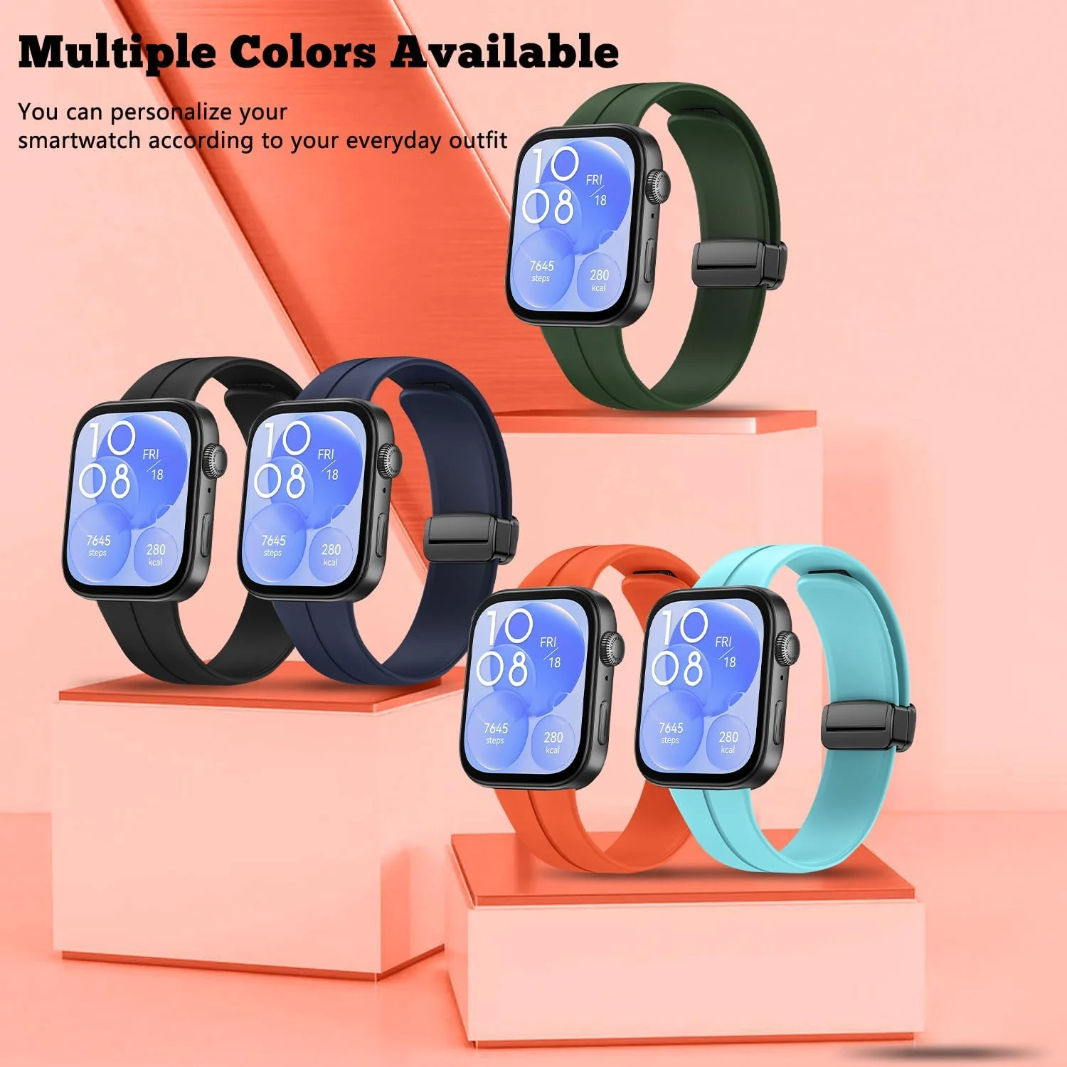 DL3 Mobilak Silicone Strap Compatible with Huawei Watch Fit 3/Watch Fit 4 Pro/Fit 4 Magnetic Metal Stainless Buckle Sport Silicone Strap, Band Quick Release Soft Replacment Wristband - Orange
