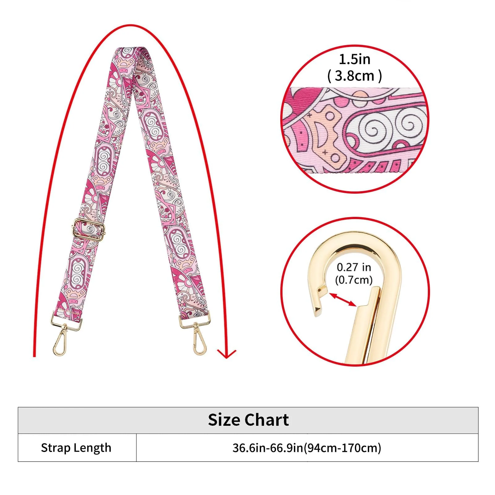 DL3 Mobilak Adjustable Wide Crossbody Bag Strap for Women, Replacement Shoulder Strap for Handbags, Totes & Purses with Elegant Embroidered Pattern and Metal Hooks - Multi Color