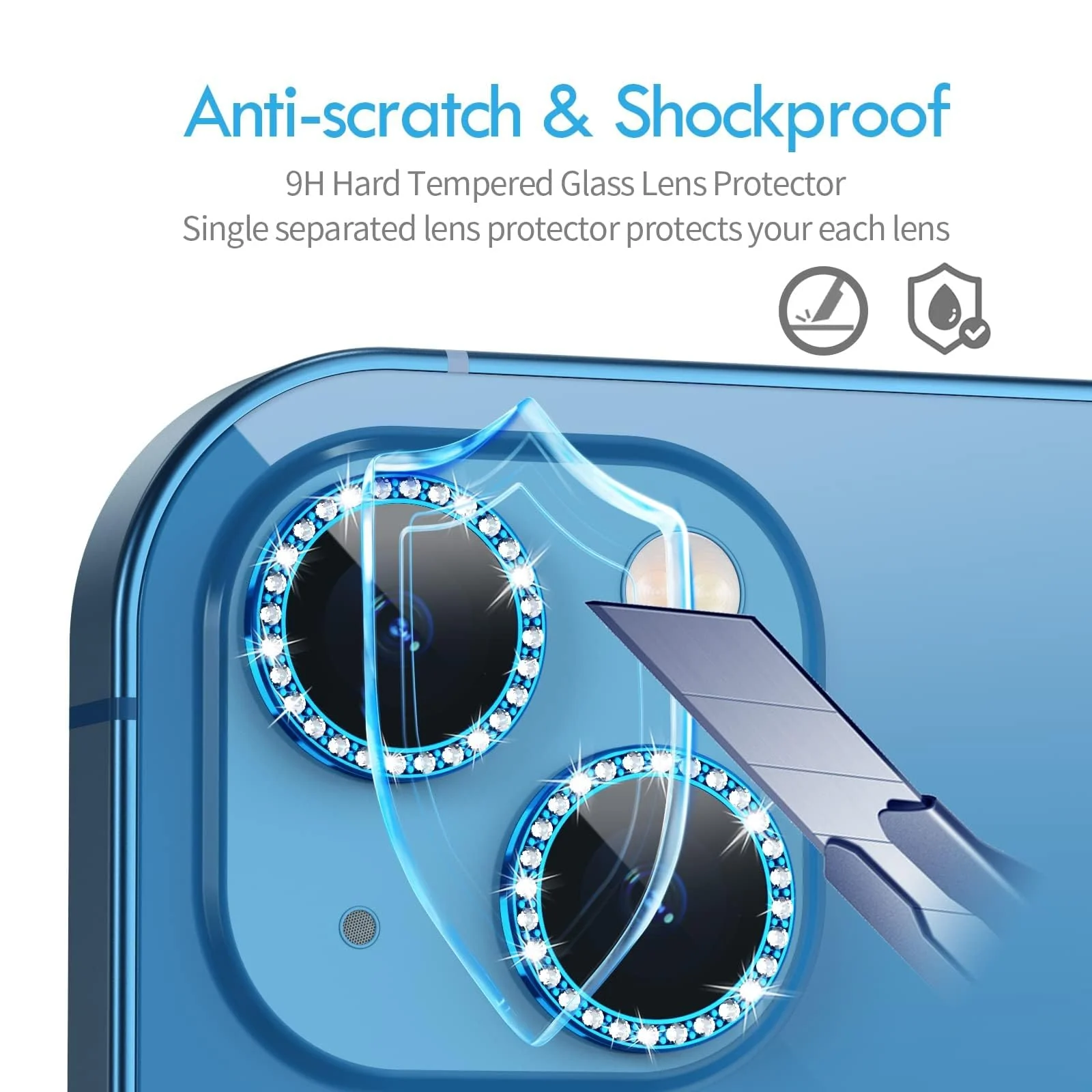DL3 Mobilak Compatible with iPhone 15/15 Plus & iPhone 14/14 Plus Camera Lens Protector, Anti-Scratch HD Tempered Glass Lens Screen Protection Cover, Metal Individual Lens Ring - Diamond Blue