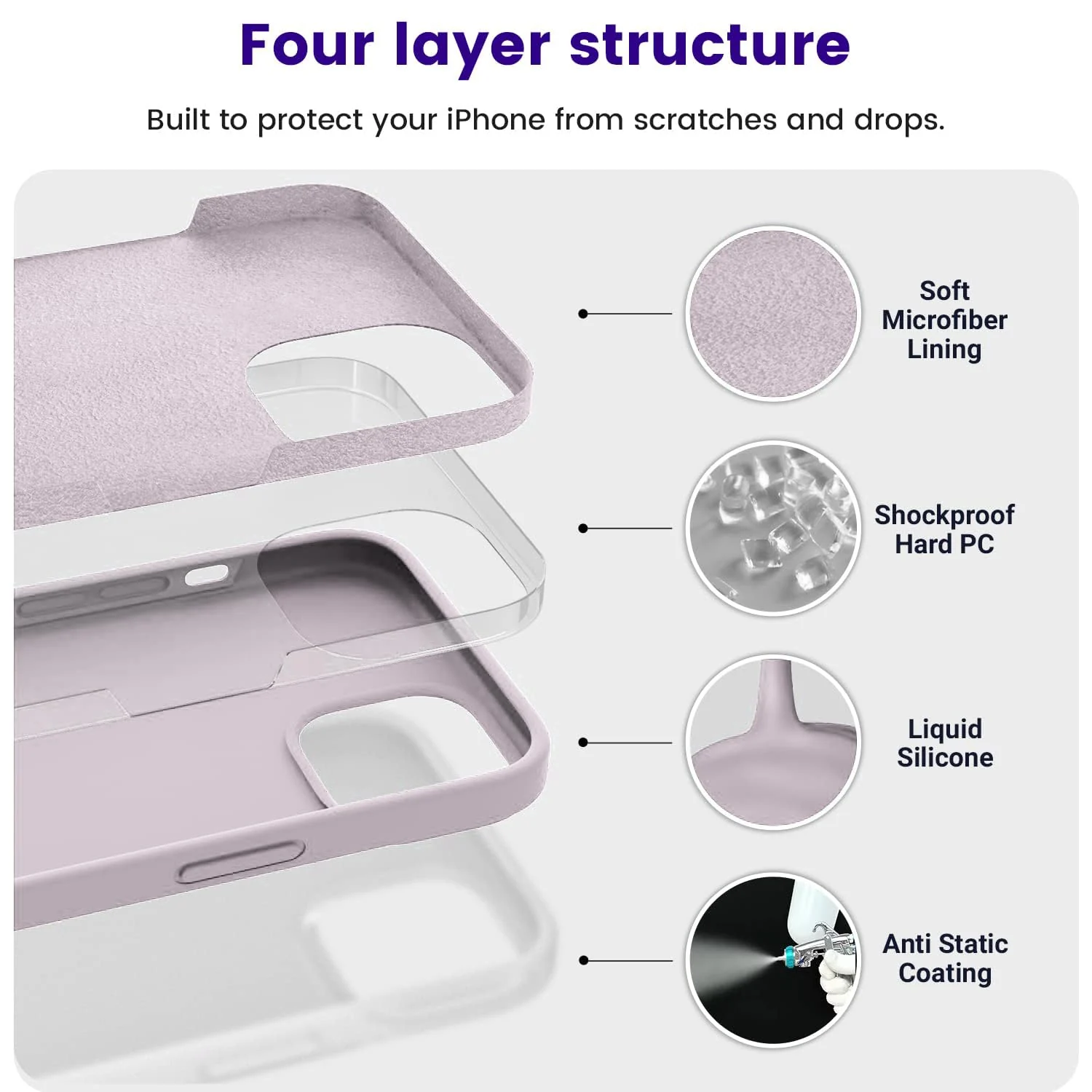 DL3 Mobilak Liquid Silicone Case for iPhone 15, Supports wireless charging, Shock-absorbing protection, Anti-fingerprint finish - A.Lavender Pink