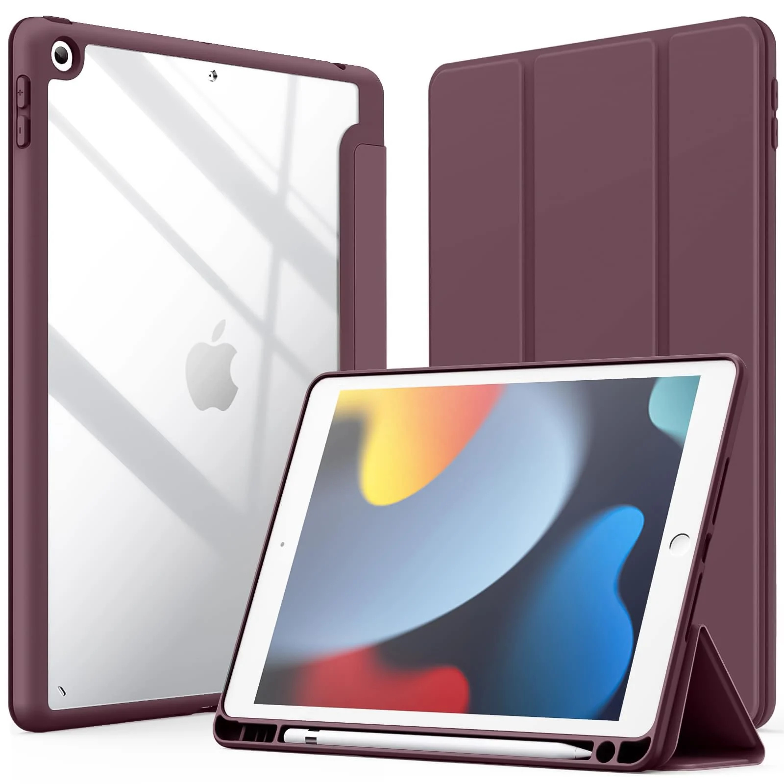 DL3 Mobilak Case for iPad 10.2-Inch (9th/8th/7th Generation, 2021/2020/2019), Clear Shockproof Back Cover Built-in Pencil Holder, Auto Sleep/Wake - Plum