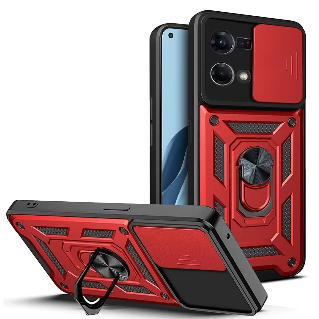 DL3 Mobilak Protective Case with Sliding Camera Cover, Metal Ring Kickstand and Magnetic Car-Mount Support for OPPO Reno 8 4G / Reno 7 4G / F21 Pro 4G / F21S Pro 4G - Red