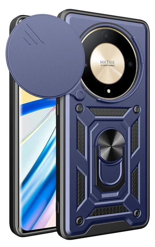 DL3 Mobilak Case for Honor X9b/Honor Magic 6 Lite/X50 with Slide Camera Cover, Military Grade Shockproof Protective Cover with Rotatable Metal Ring Kickstand [Support Magnetic Car Mount] - Blue