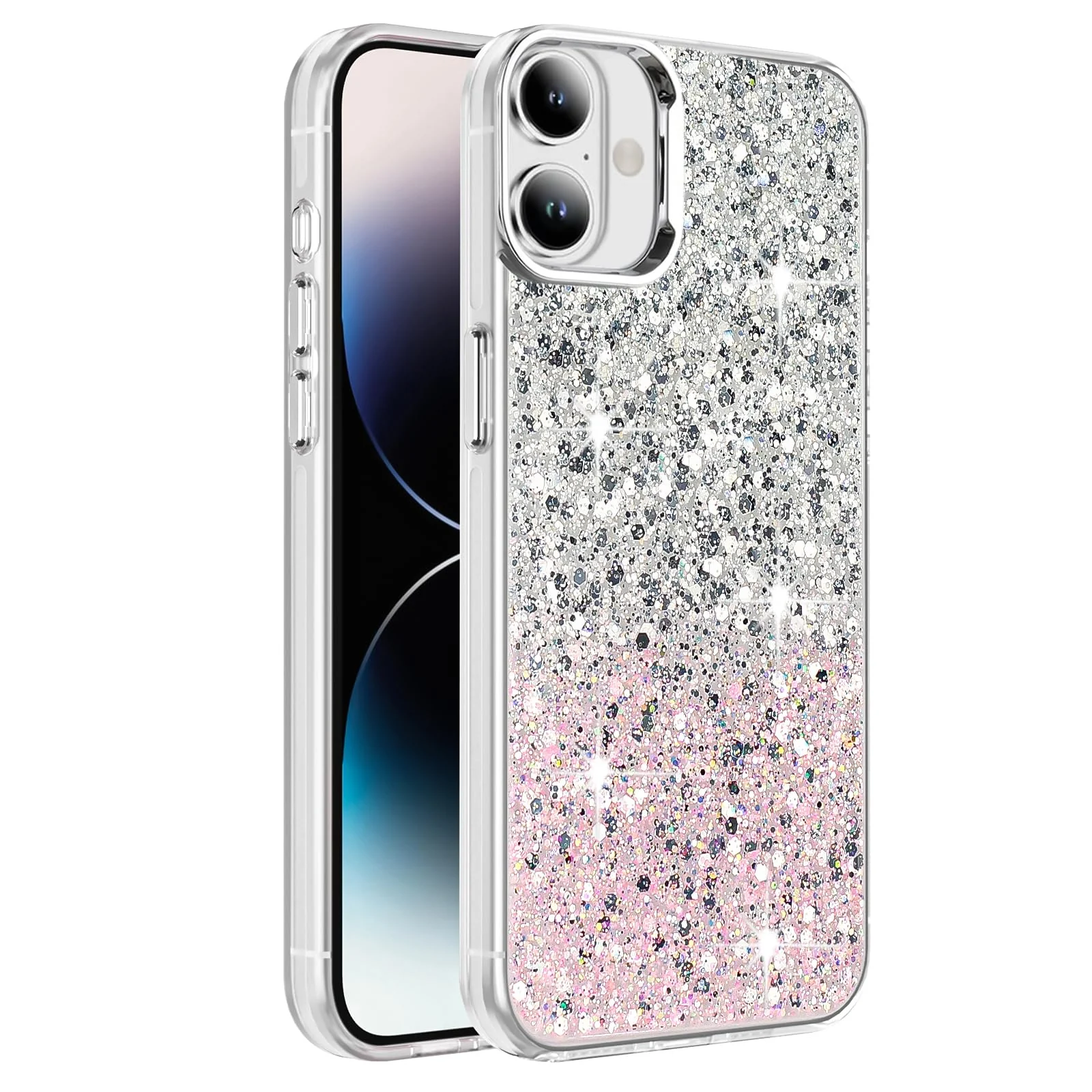 Dl3 Mobilak Compatible with iPhone 16+ Plus 6.7-Inch Smart Case, Clear Glitter Bling Sparkly, Soft TPU Frame Bumper, Hard-Back Cover for Women & Girls, Transparent Protective Phone Case (Pink Purple)