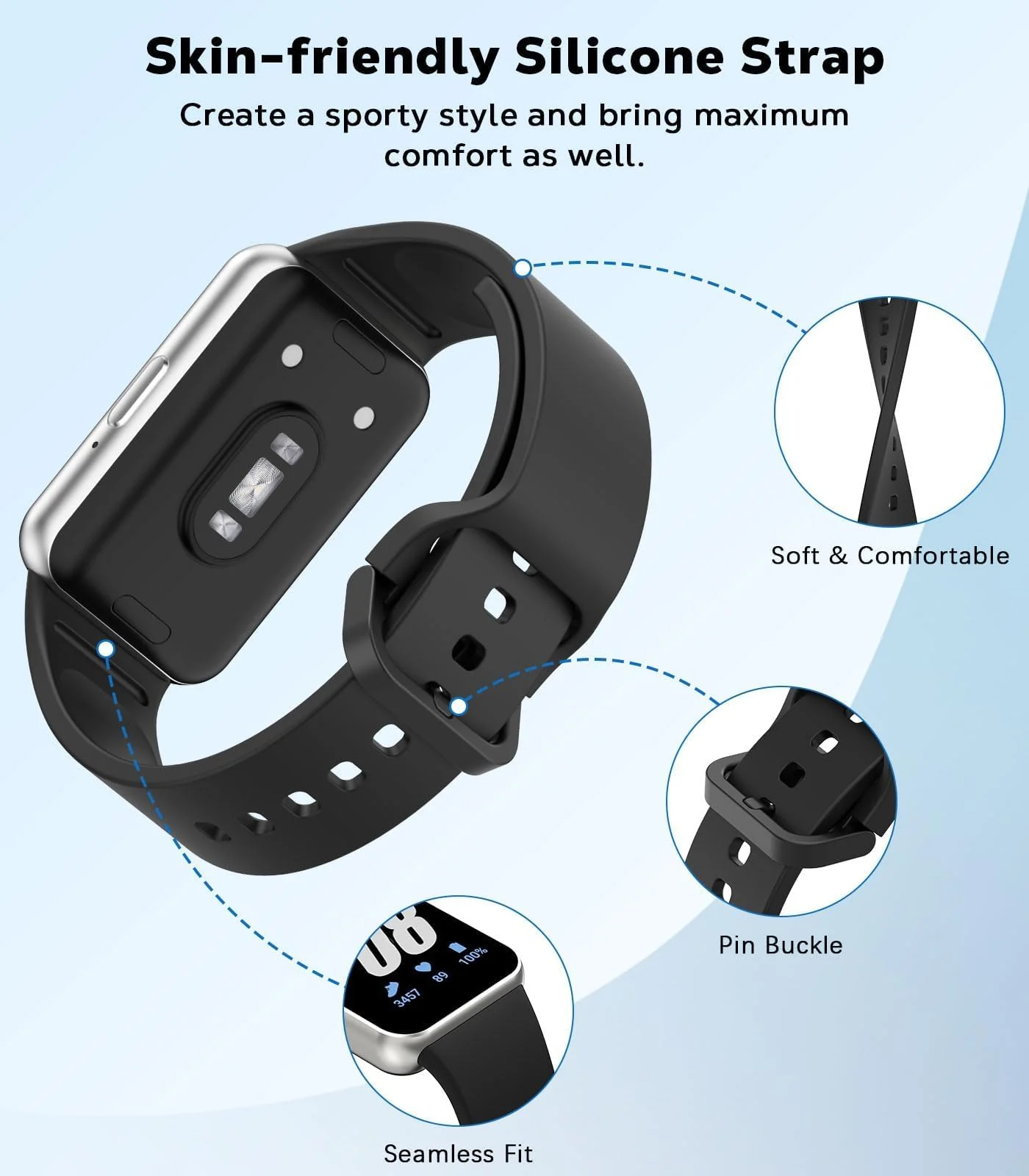 DL3 MOBILAK Silicone Bracelet for Samsung Galaxy Fit 3 Strap, Soft Silicone Sport Replacement Strap For Women/Men, Adjustable Waterproof Sports Band - Black