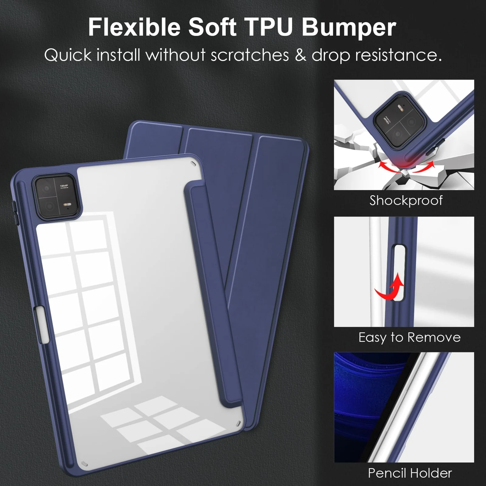DL3 Mobilak Case for Xiaomi Pad 7 / Xiaomi Pad 7 Pro 2024 11.2 inch, Clear Shockproof Back Cover Built-in Pencil Holder, Auto Sleep/Wake - Dark Blue