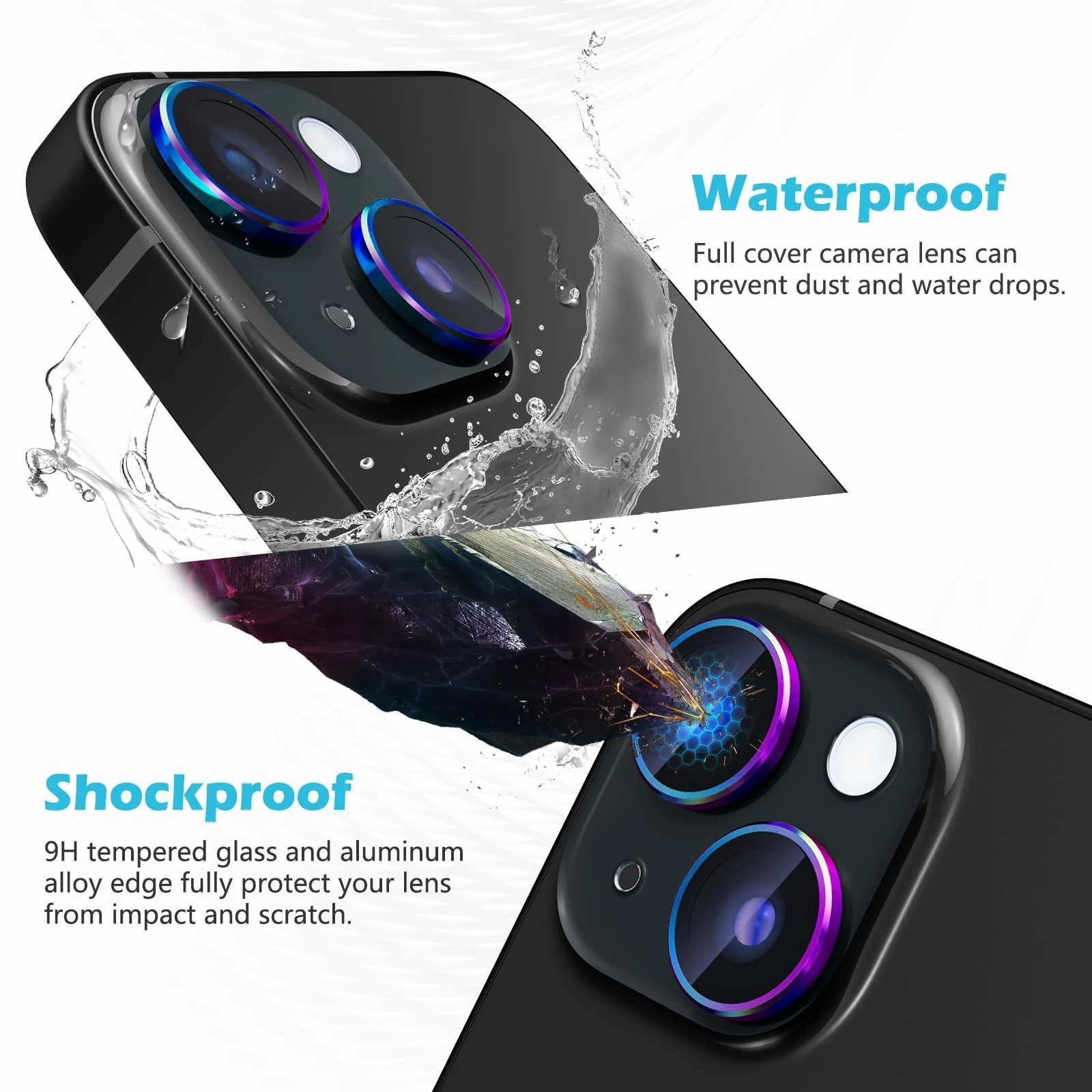 DL3 Mobilak Compatible with iPhone 15/15 Plus & iPhone 14/14 Plus Camera Lens Protector, Anti-Scratch HD Tempered Glass Lens Screen Protection Cover, Metal Individual Lens Ring - Multi-coloured