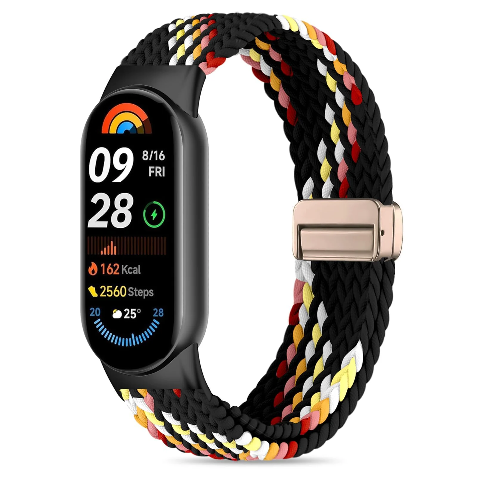 DL3 Mobilak Braided Strap for Xiaomi Mi Band 10/9/8, Men Women Breathable Elastic Nylon with Magnetic Buckle Watch Band for Xiaomi Smart Band 10/Xiaomi Smart Band 9/8 - Black Rainbow