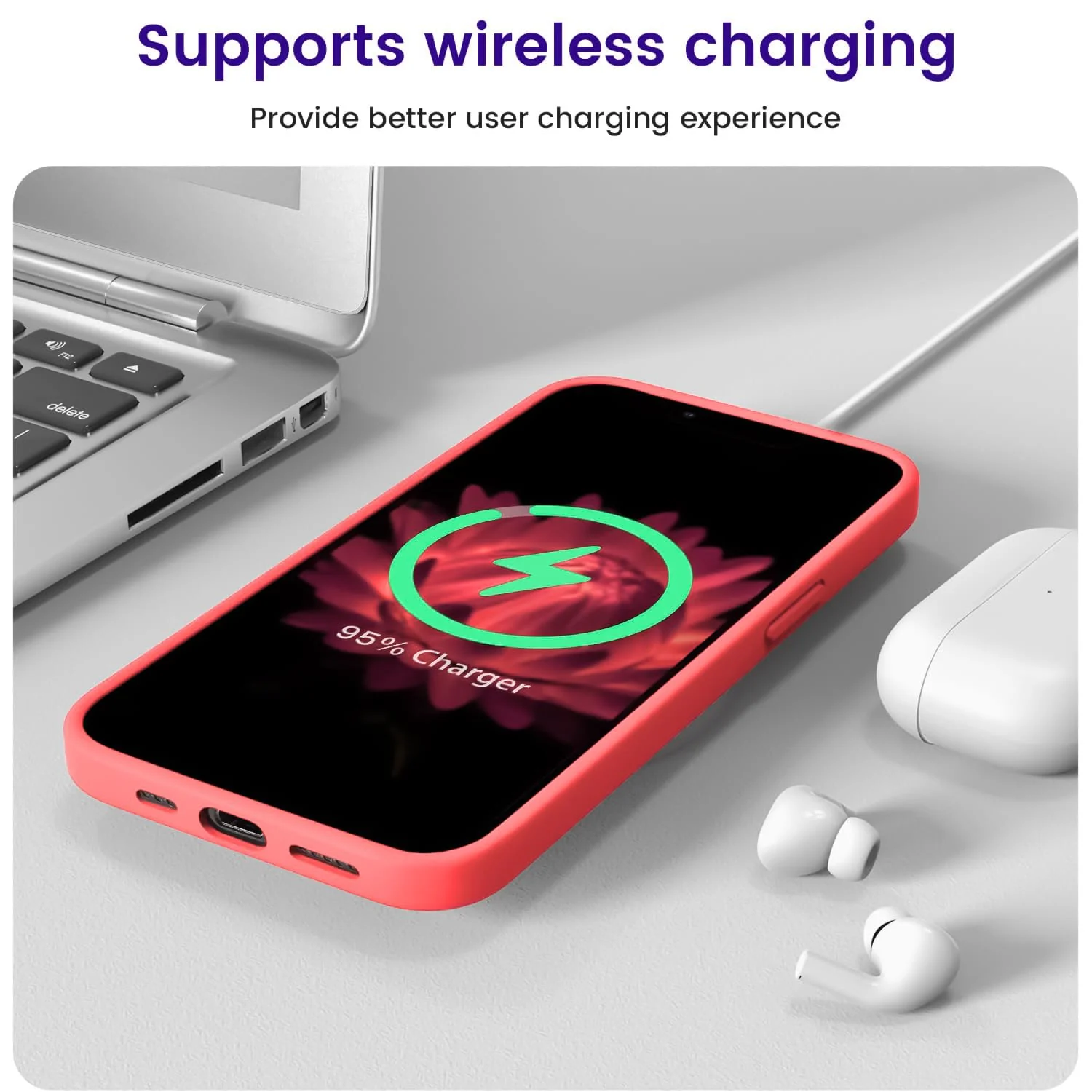 DL3 Mobilak Liquid Silicone Protective Case with Soft Microfiber Lining for iPhone 15 - Neon Coral