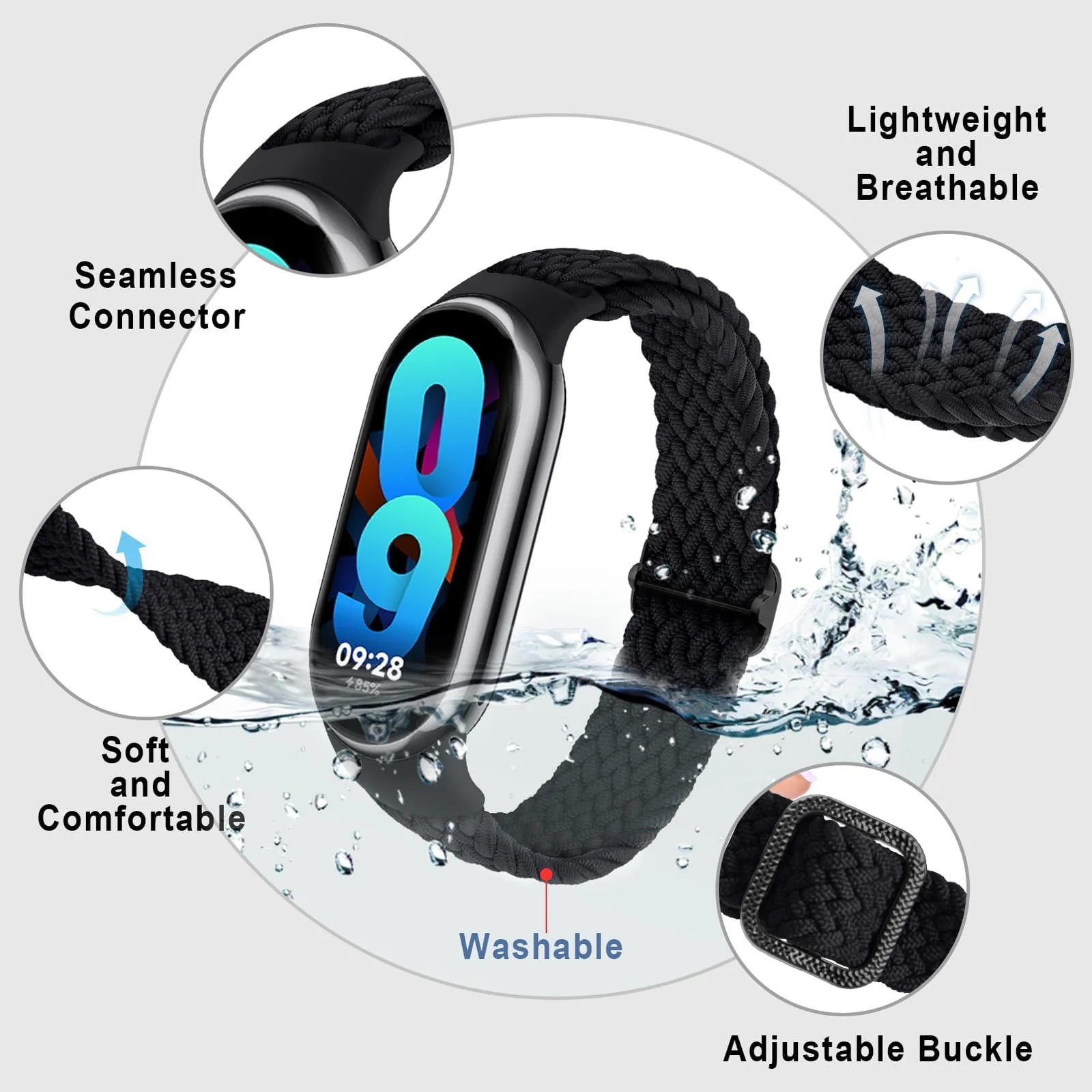 DL3 Mobilak Compatible with Xiaomi Mi Band 10/9/8 strap, Braided Solo Loop for Nylon Elastic Adjustable Replacement Wristband Compatible with Xiaomi Smart Band 8/9/10 - Black