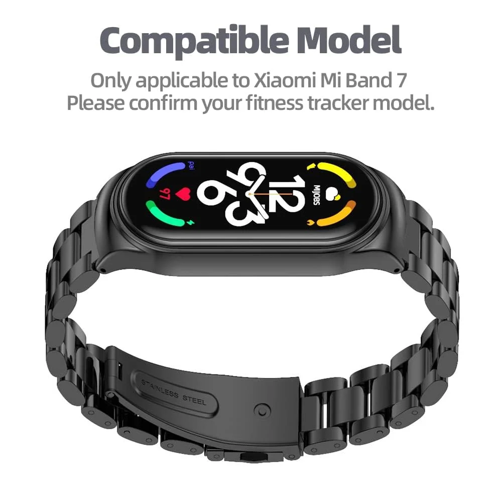 DL3 Mobilak Compatible For Xiaomi Mi Band 7 Strap, Metal Bracelet MiBand 7 Waterproof Stainless Steel Wrist Strap Accessory Band Strap for Xiaomi Mi Smart Band 7 - Black