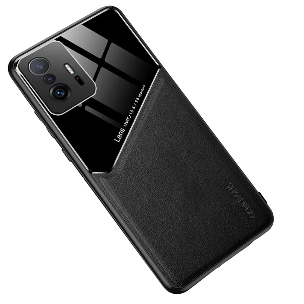 DL3 Mobilak Leather and PC Protective Case for Xiaomi 11T / Xiaomi 11 T Pro, Built-in magnetic car-mount support, Shock-absorbing protection, Raised edges around the screen and camera - Black