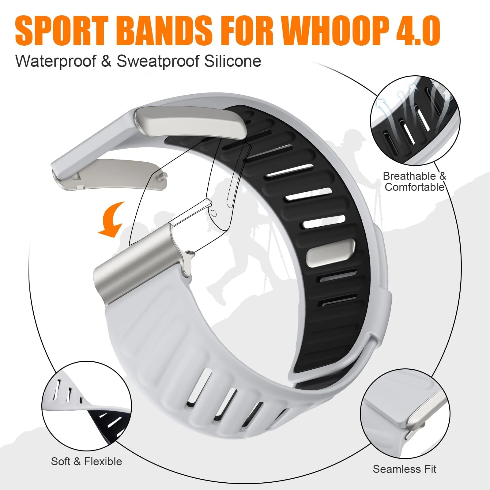 MOBIGON Breathable Silicone Sport Strap for WHOOP 4.0, Gray / Black