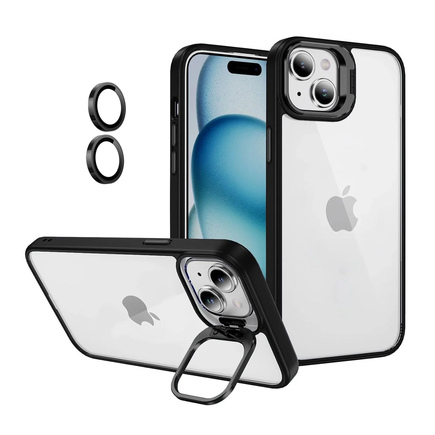 DL3 Mobilak Clear PC and TPU Case with Camera Ring Kickstand and Lens Protector for iPhone 15 - Black