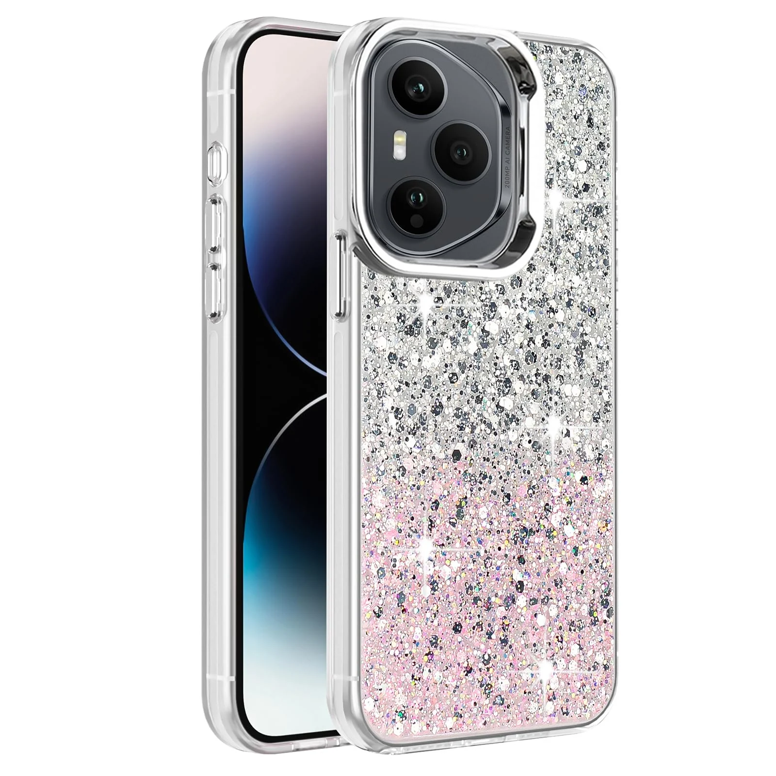 DL3 Mobilak Glitter Rhinestone Protective Case for Honor 400 Pro 5G with Shockproof Design - White Pink