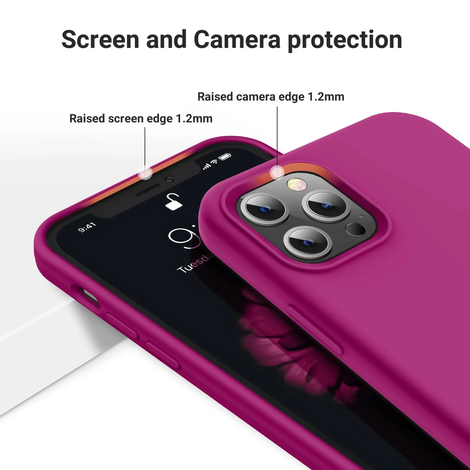 DL3 Mobilak Liquid Silicone Protective Case for iPhone 14 Pro (6.1 Inch) with Camera Protection and Microfiber Lining - Fuchsia