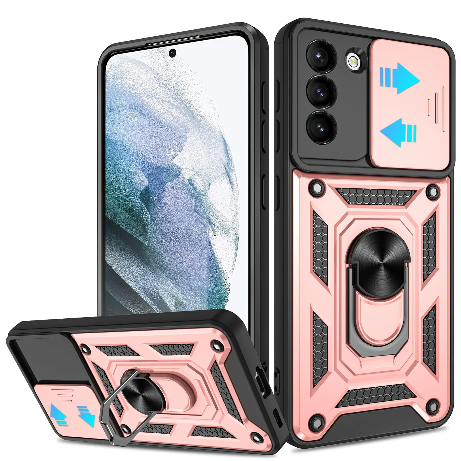 DL3 Mobilak Case for Samsung S21 PLUS with Slide Camera Cover, Military Grade Shockproof Protective Cover with Rotatable Metal Ring Kickstand [Support Magnetic Car Mount] - Rose Gold