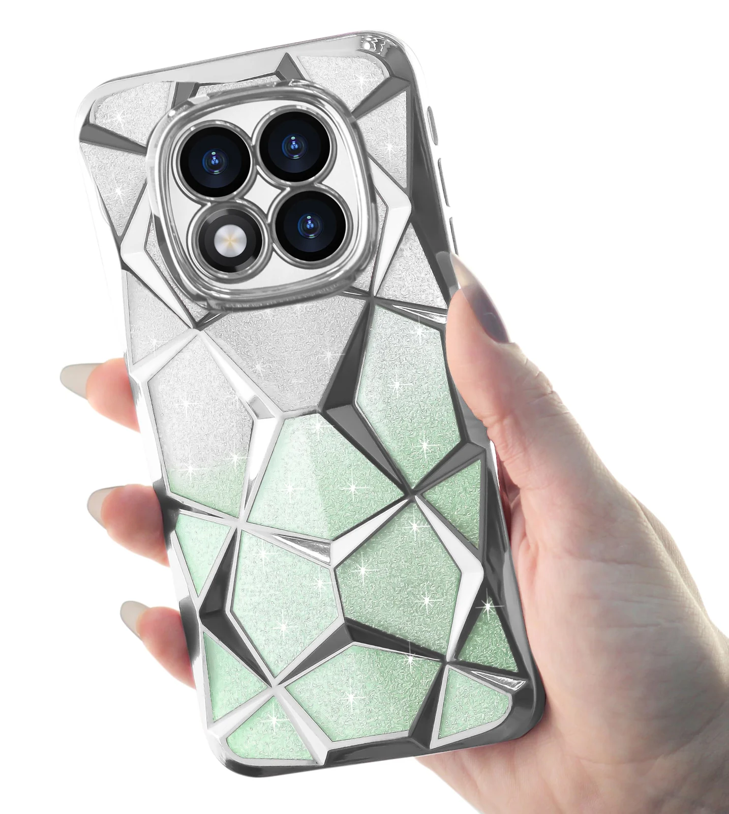 DL3 Mobilak For Redmi Note 14 Pro 5G /POCO X7 5G Case Plating Bling Gradient Glitter Clear Cover Soft TPU Silicone Cute Camera Protection Shockproof Back for Women Girls Case - Silver Green