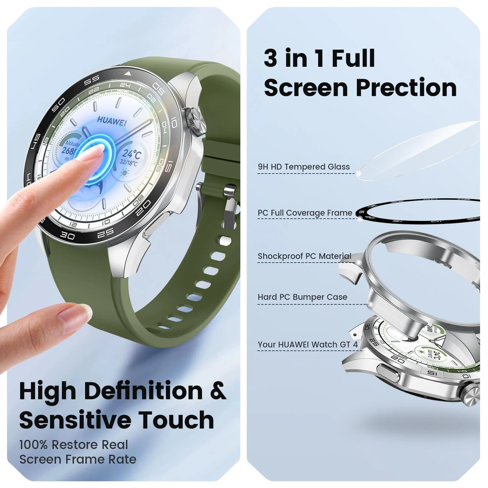DL3 Mobilak Protective Case for Huawei Watch GT 4 46mm, Hard PC Bumper Cover with Built-in Tempered Glass Screen Protector Shell Cover Full Coverage Scratchproof with Scale - Silver