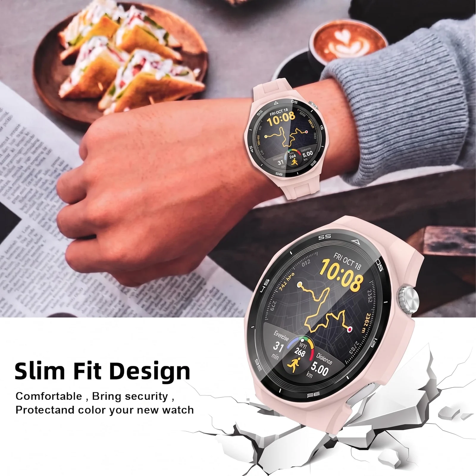 DL3 MOBILAK Full-Coverage Watch Case with Tempered Glass for Huawei Watch GT 5 Pro 46 mm, Pink