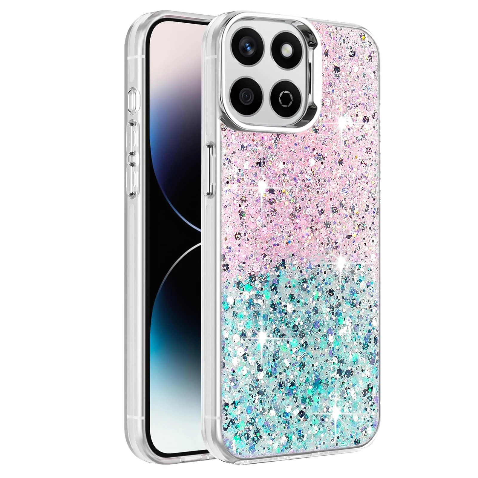 DL3 Mobilak Compatible with Honor X7C Case, Clear Glitter Bling Sparkly, Soft TPU Frame Bumper, Hard-Back Cover for Women & Girls, Transparent Protective Phone Case - Pink Green