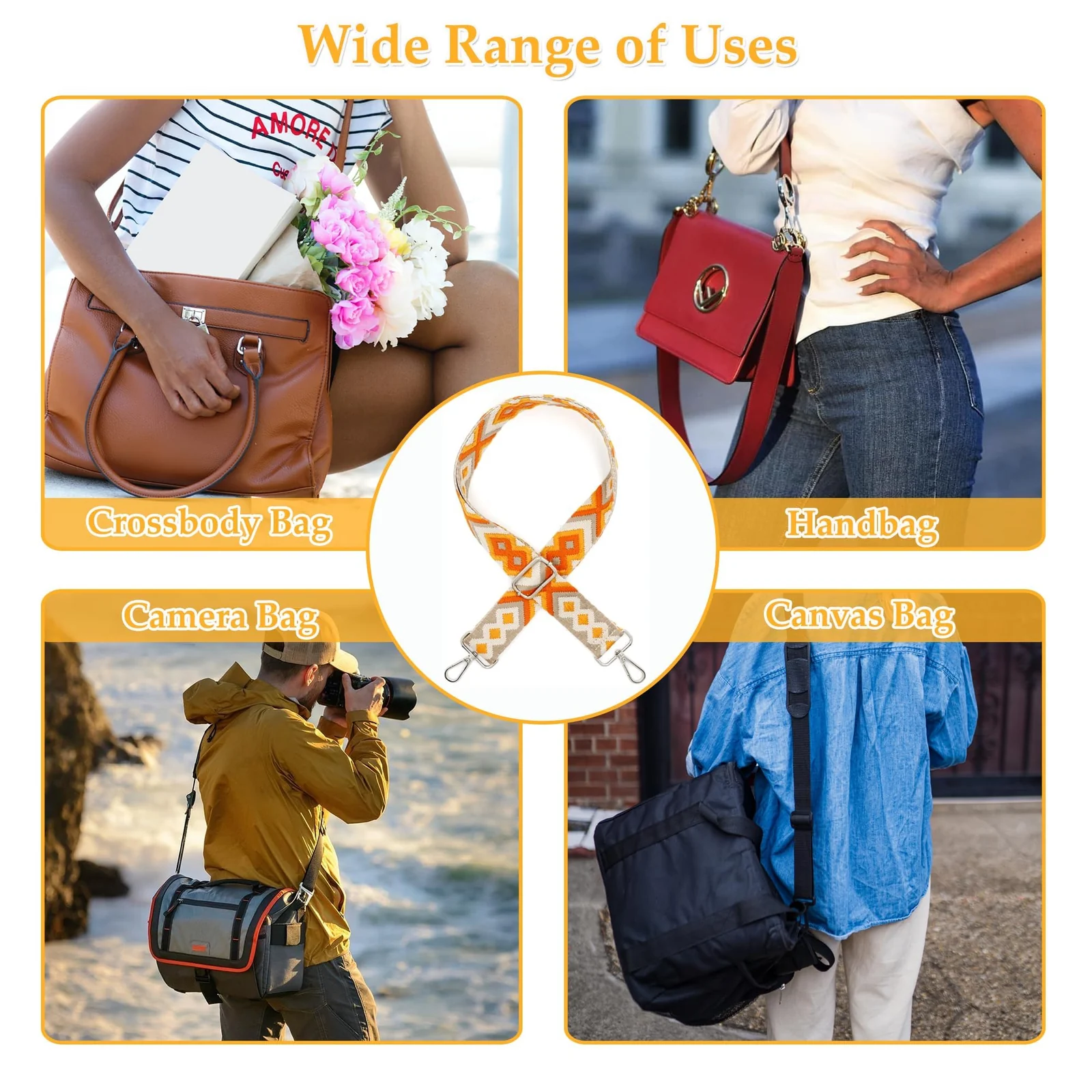 DL3 Mobilak Adjustable Wide Crossbody Bag Strap for Women, Replacement Shoulder Strap for Handbags, Totes & Purses with Elegant Embroidered Pattern and Metal Hooks - Orange Diamond
