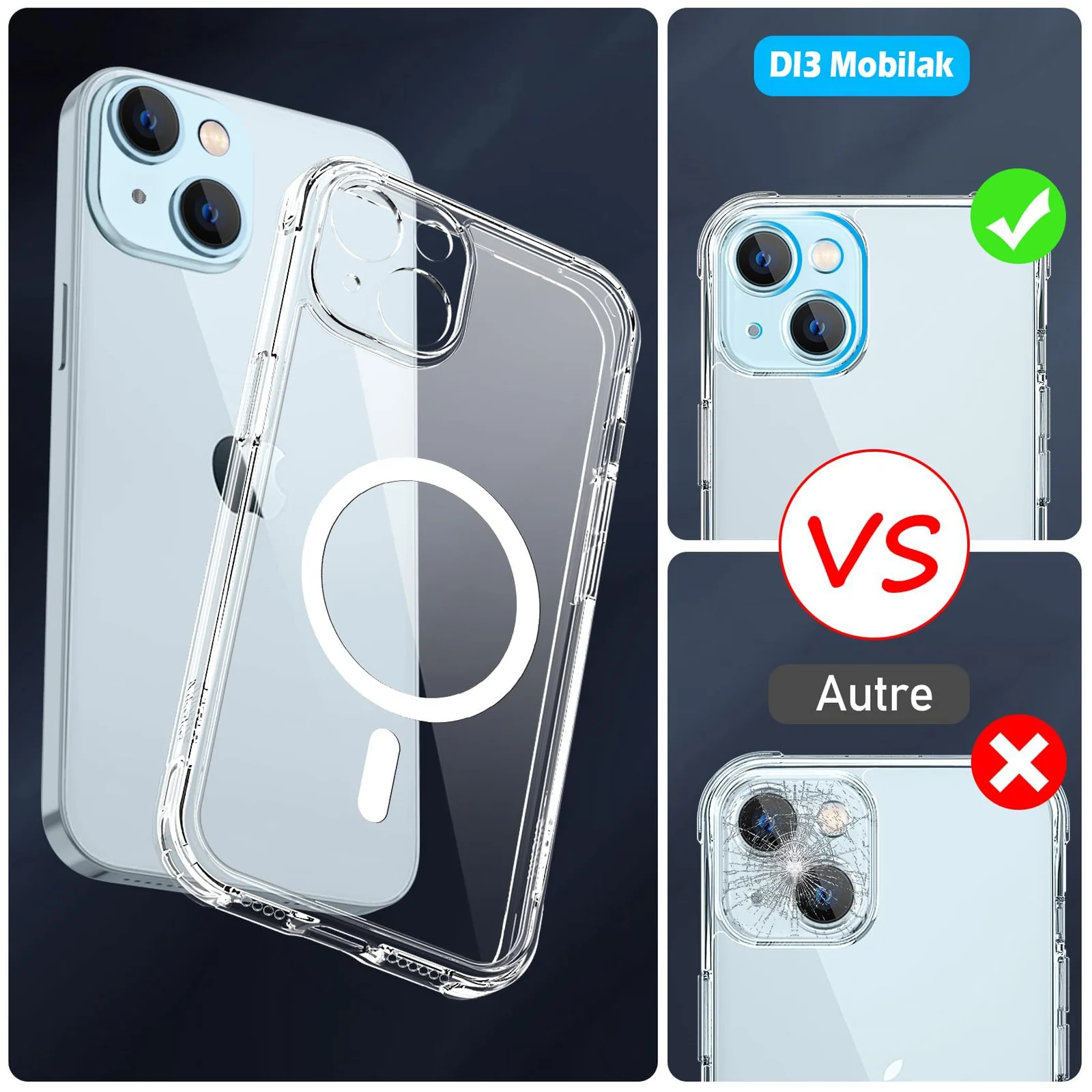 DL3 Mobilak Clear TPU Case for iPhone 13 / iPhone 14 Camera Protection, Compatible with MagSafe accessories, Supports wireless charging, Camera protection - Clear