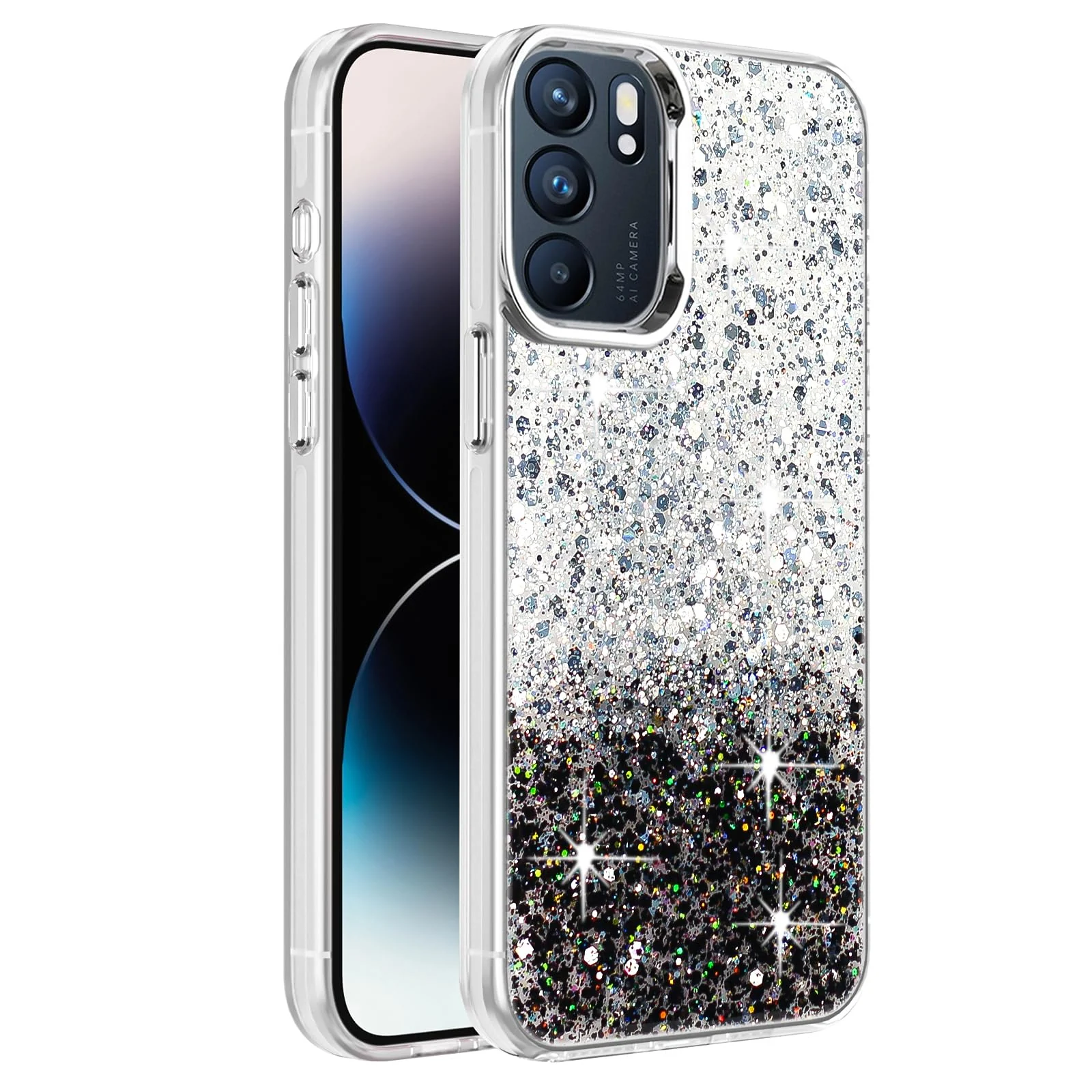 DL3 Mobilak Glitter Protective Case for OPPO Reno6 5G / Reno 6 5G, Supports wireless charging, Camera protection, Shock-absorbing protection - White Black