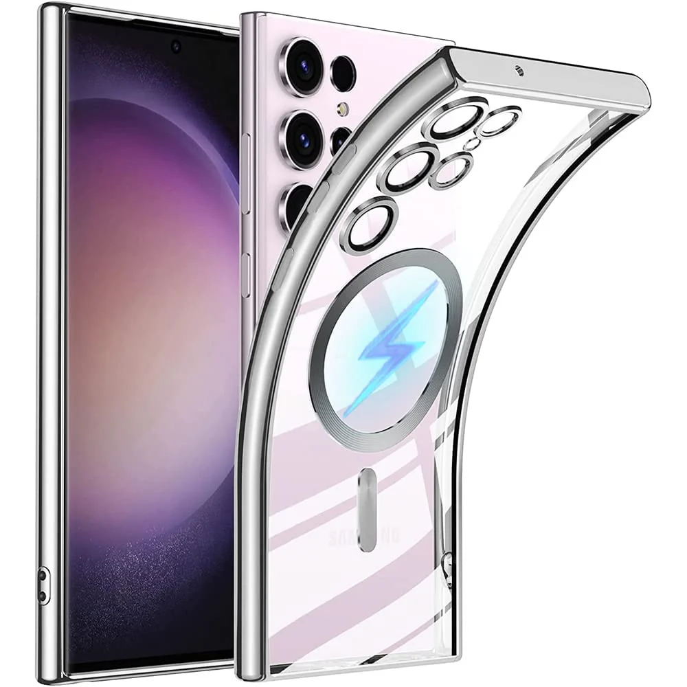 DL3 Mobilak Clear TPU Case with Electroplated Edges for Samsung Galaxy S22 Ultra with Camera Protection - Silver