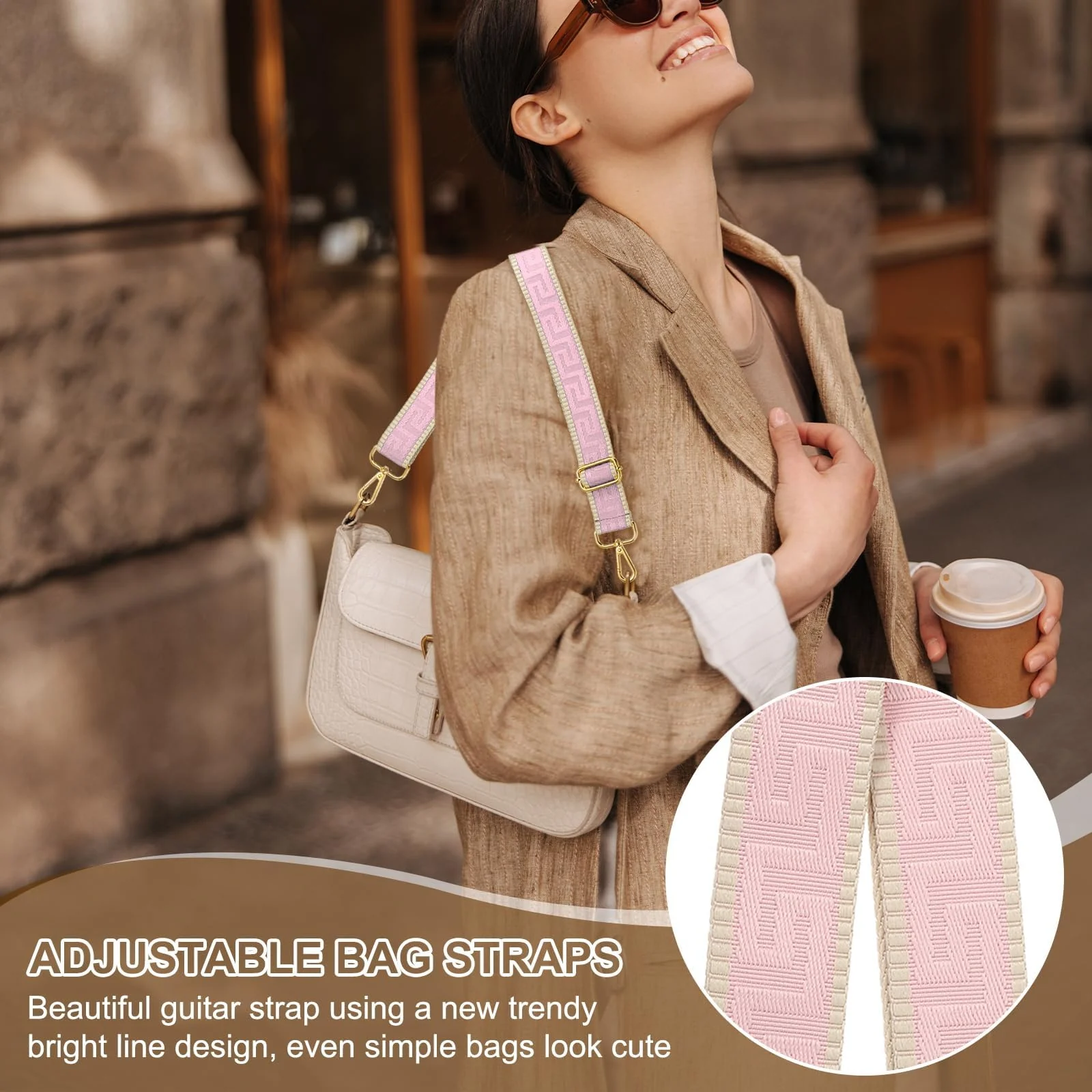 DL3 Mobilak Adjustable Wide Crossbody Bag Strap for Women, Replacement Shoulder Strap for Handbags, Totes & Purses with Elegant Embroidered Pattern and Metal Hooks - Beige/Pink