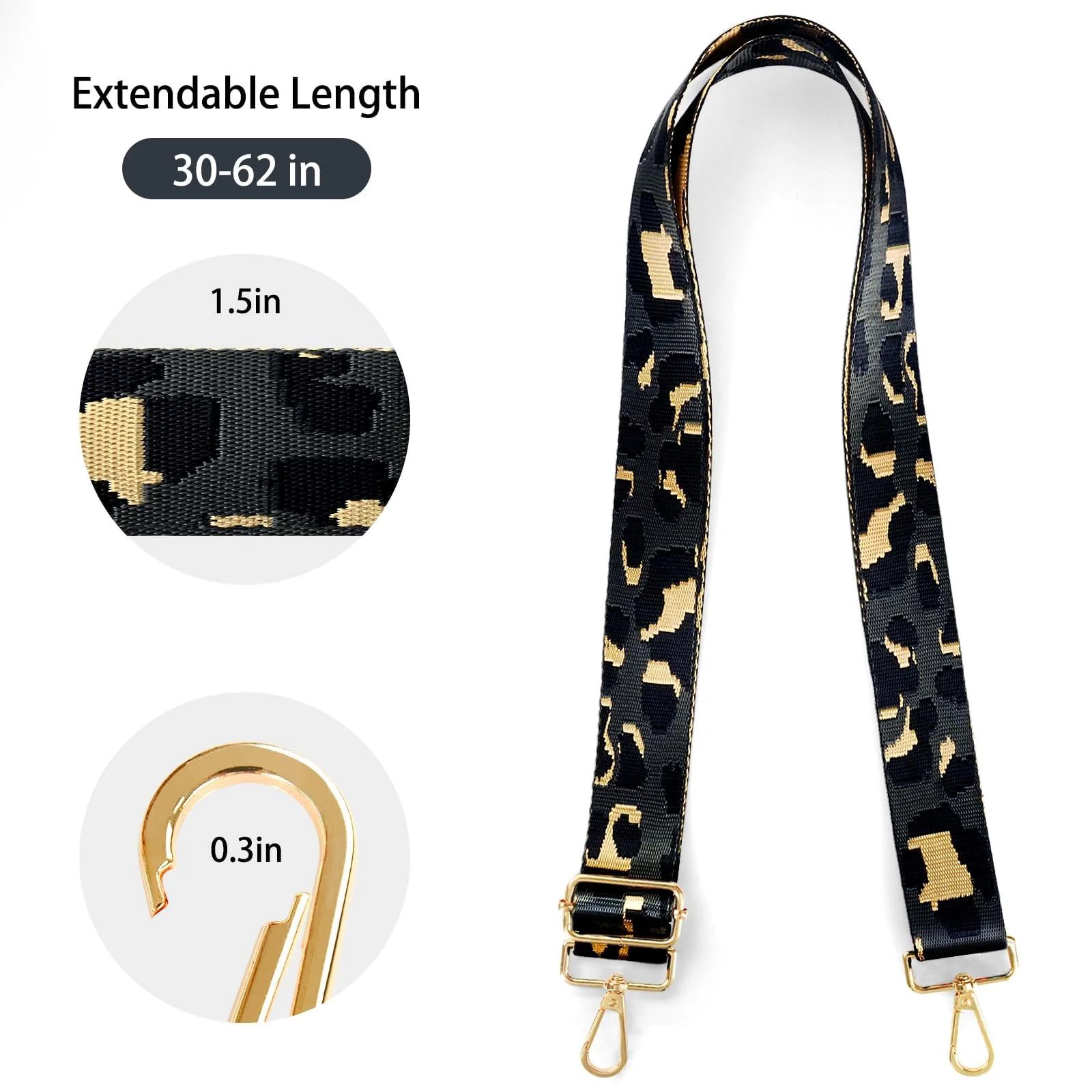DL3 Mobilak Adjustable Wide Crossbody Bag Strap for Women, Replacement Shoulder Strap for Handbags, Totes & Purses with Elegant Embroidered Pattern and Metal Hooks - Leopard Dark Gray