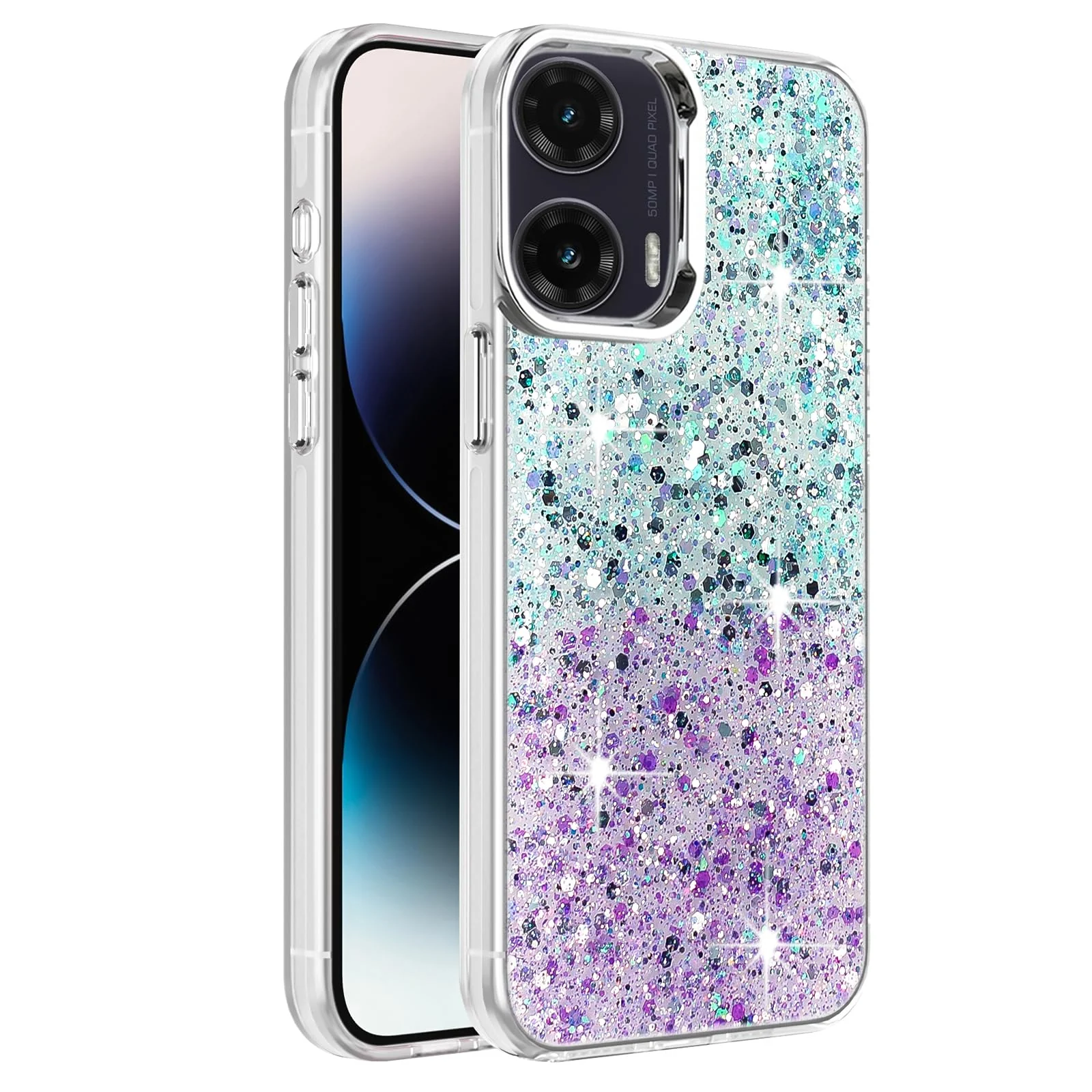 DL3 Mobilak Glitter Protective Case for Motorola Moto G35 5G, Supports wireless charging, Camera protection, Shock-absorbing protection - Green Purple
