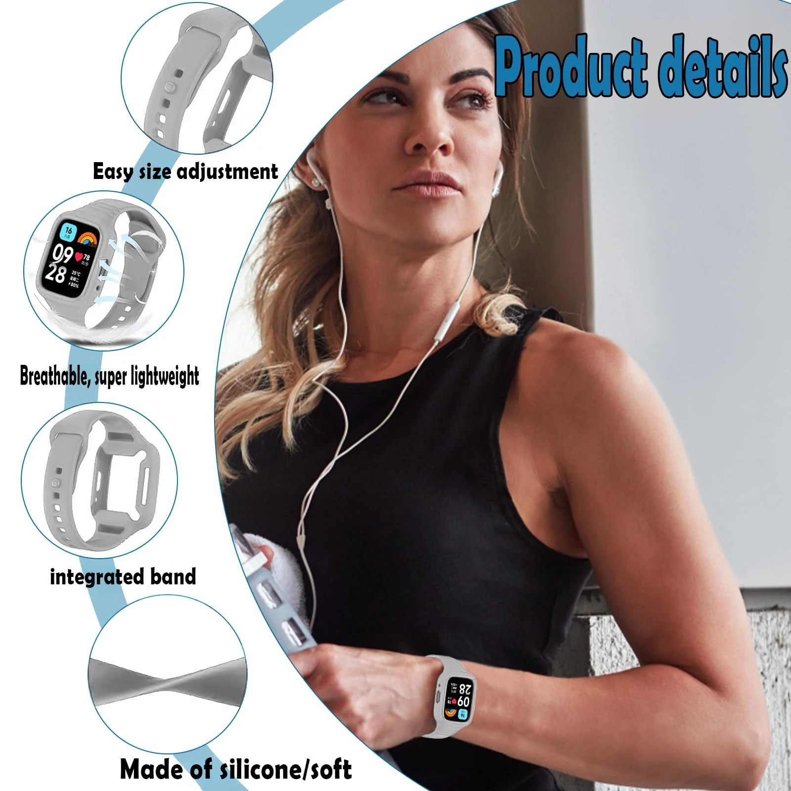 DL3 Mobilak Strap With Cover Compatible with Xiaomi Redmi Watch 3 Lite/Redmi Watch 3 Active, Silicone Sport Band Replacement Watchband with Bumper Case, Adjustable Wristband - Gray