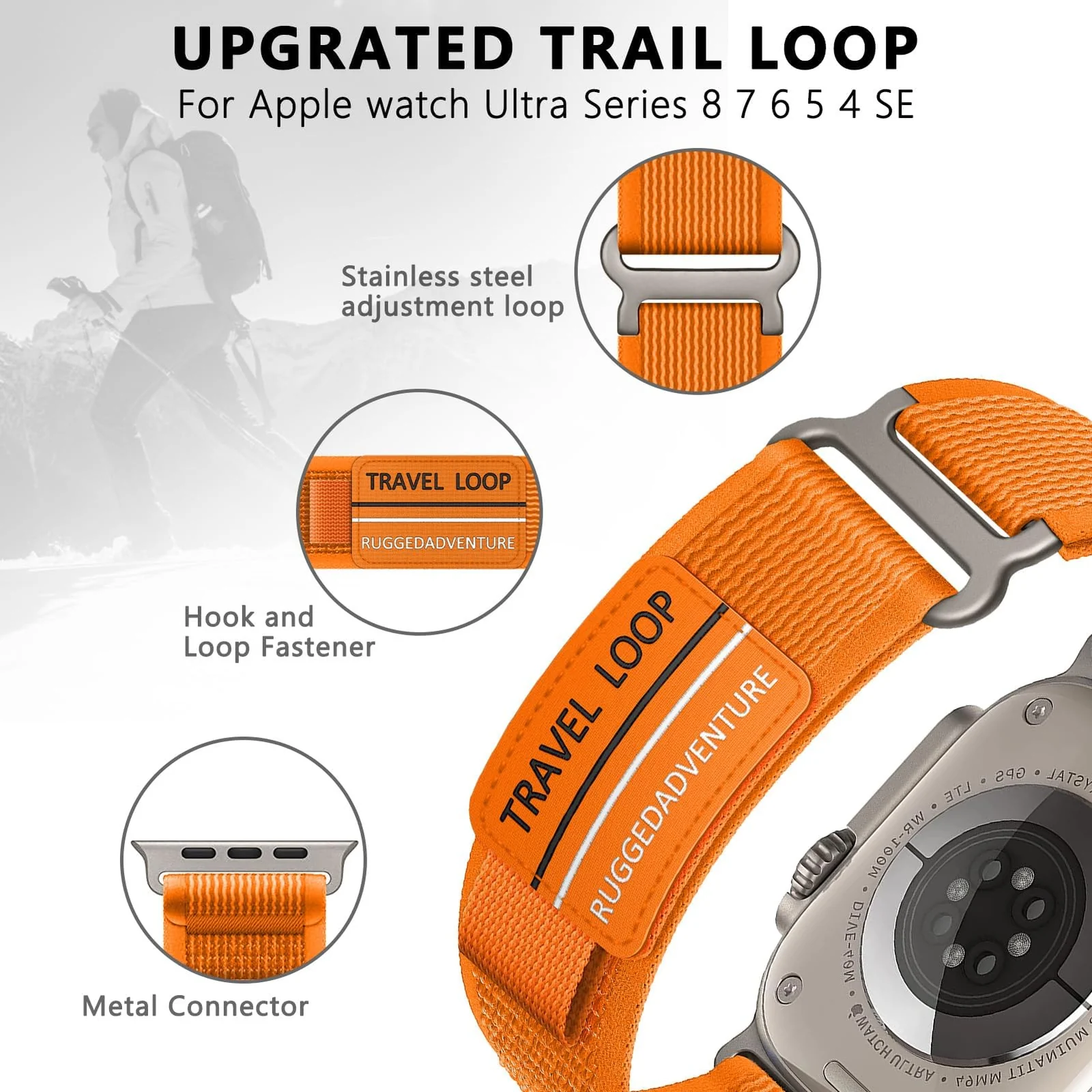 DL3 Mobilak Trail Loop Strap for Apple Watch Ultra Band 49mm 45mm 44mm 42mm iWatch Ultra Band Men Women, Rugged Sport Strap Soft Nylon Wristband for iWatch Ultra 2 Bands Series 9 8 7 6 5 4 3 2 1 SE - Orange