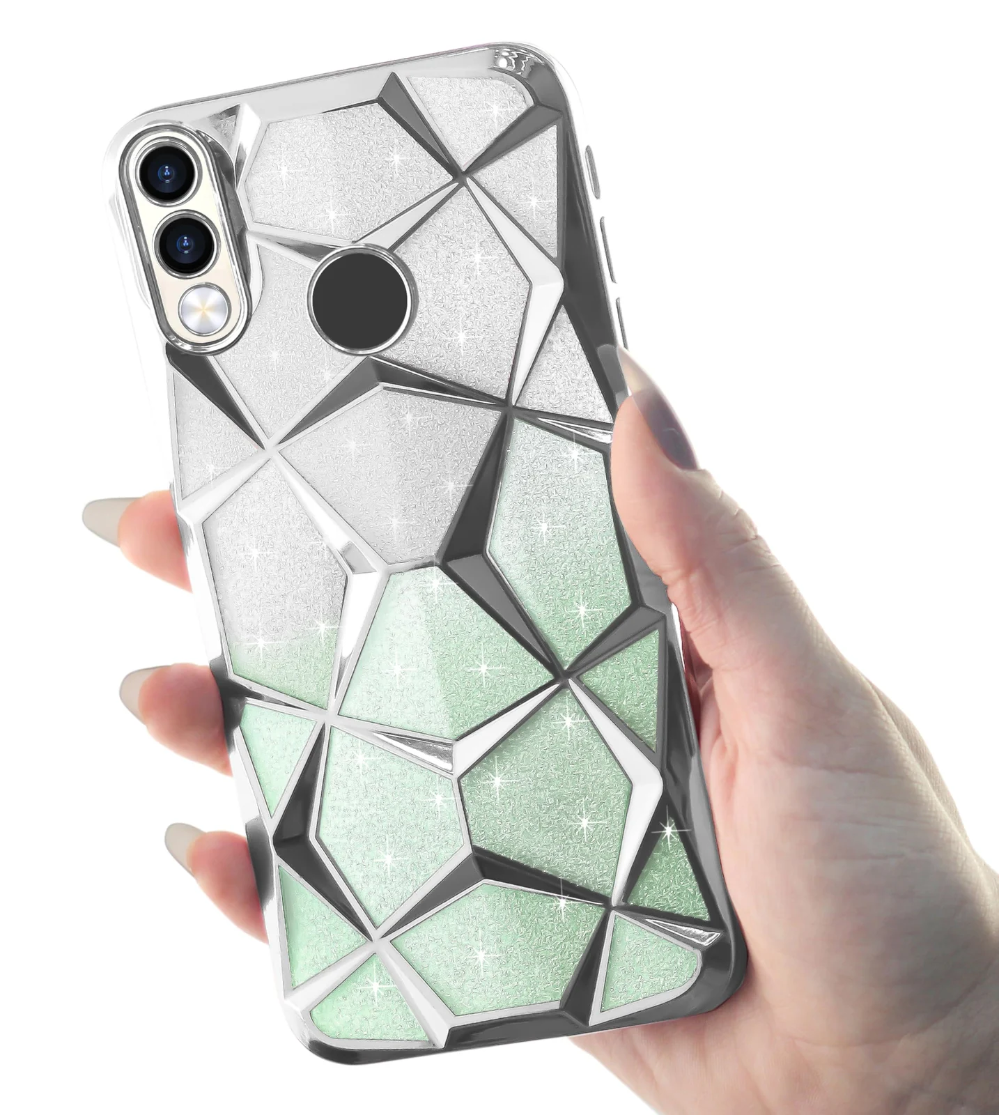 DL3 Mobilak For Xiaomi Redmi Note 7 / Redmi Note 7 Pro Case Plating Bling Gradient Glitter Clear Cover Soft TPU Silicone Cute Camera Protection Shockproof Back for Women Girls Case - Silver Green