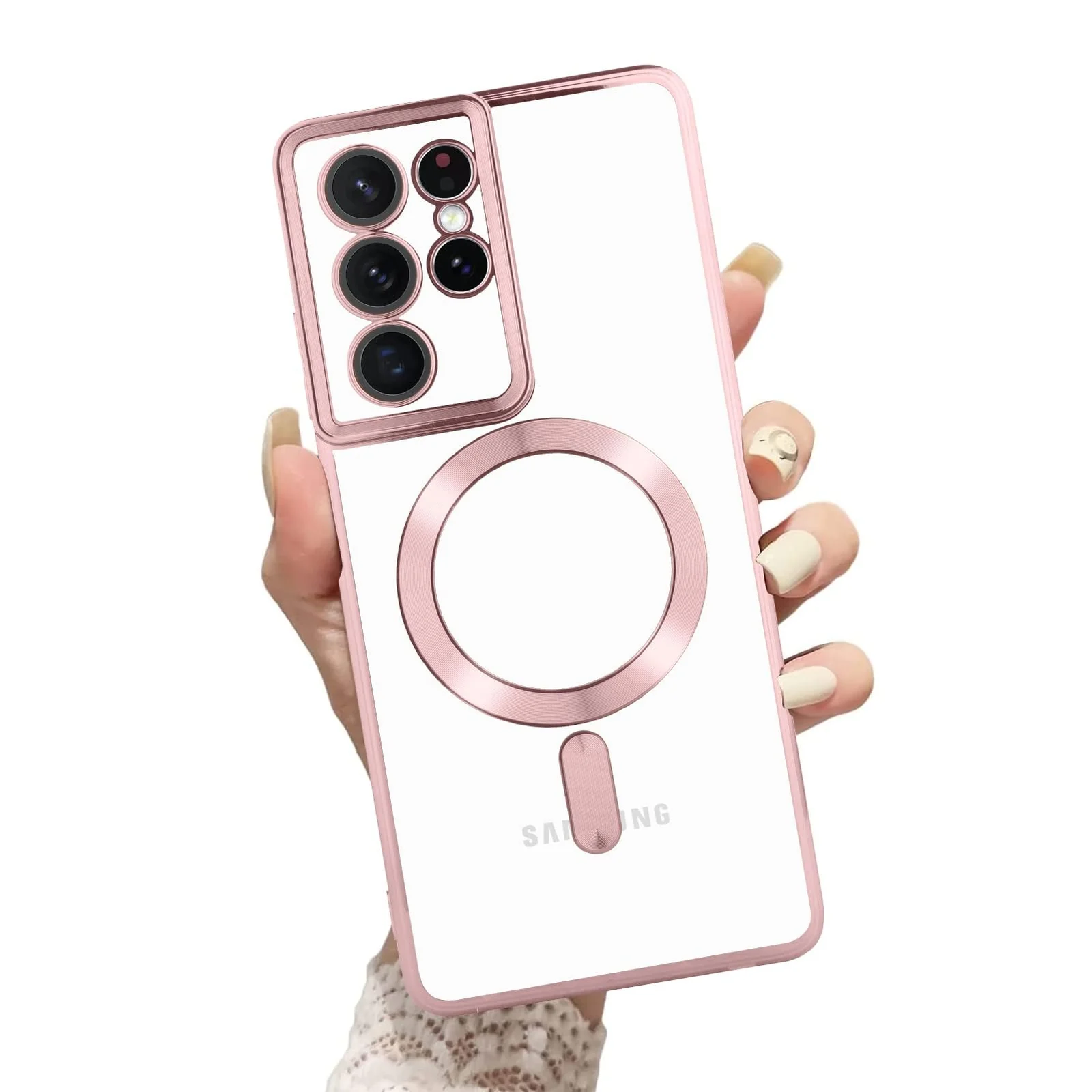 DL3 Mobilak Clear MagSafe-Compatible Magnetic Case for Samsung Galaxy S21 Ultra with Camera Protection and Shockproof Design - Pink