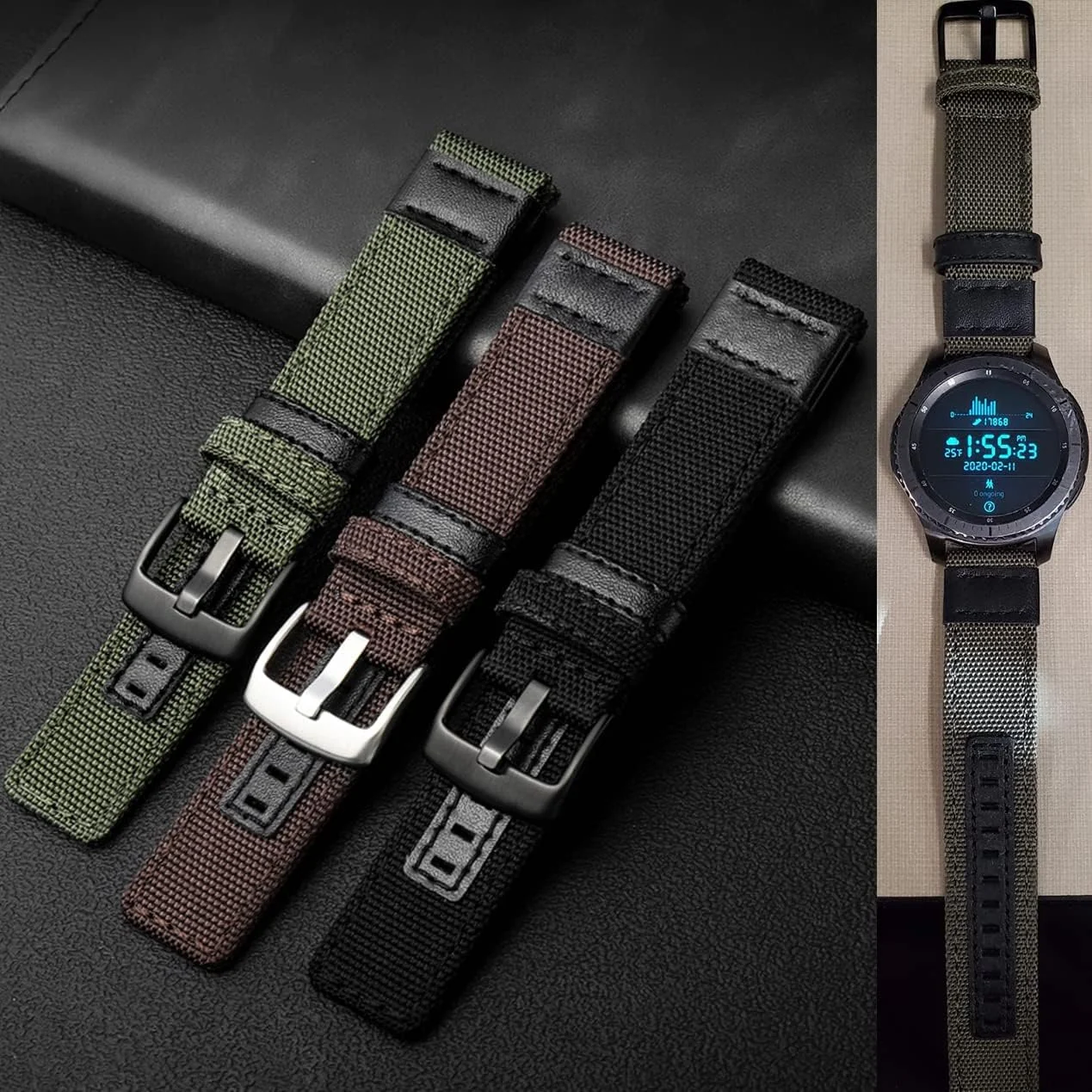 DL3 Mobilak Nylon Sports Bands With Leather 20MM Strap for Samsung Gear Sport, Watch 6, 4, 5, 5 Pro, S2 Classic, Active 2 40mm 44mm, Amazfit GTS 3, 4, 4 Mini, Bip 3 Pro, GTS2, Bp U - Brown