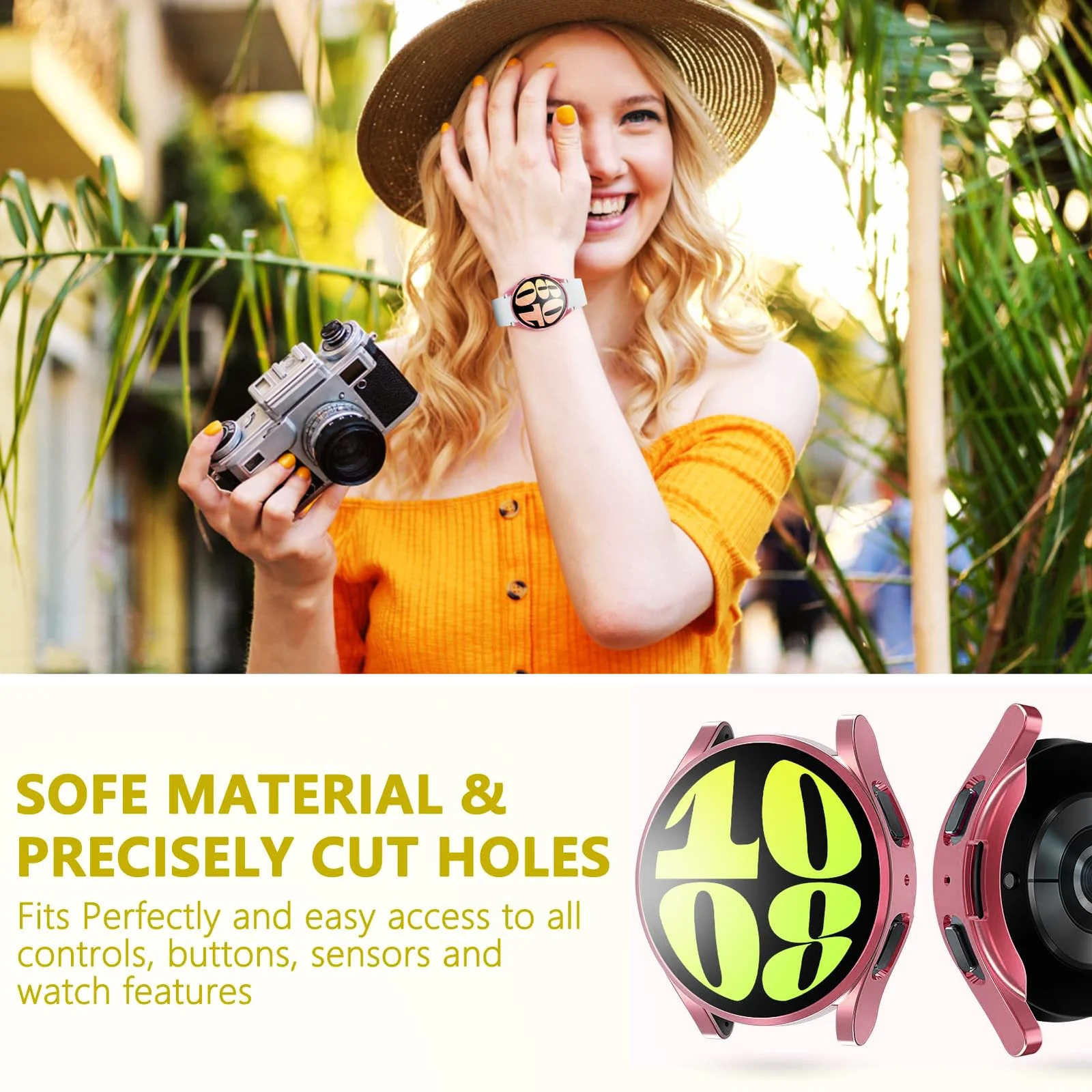 DL3 Mobilak Screen Protector Case for Samsung Galaxy Watch 6 44mm, Flexible TPU Cover Shockproof Protective Case Plated Bumper Shell Galaxy Watch 6 44mm - Pink