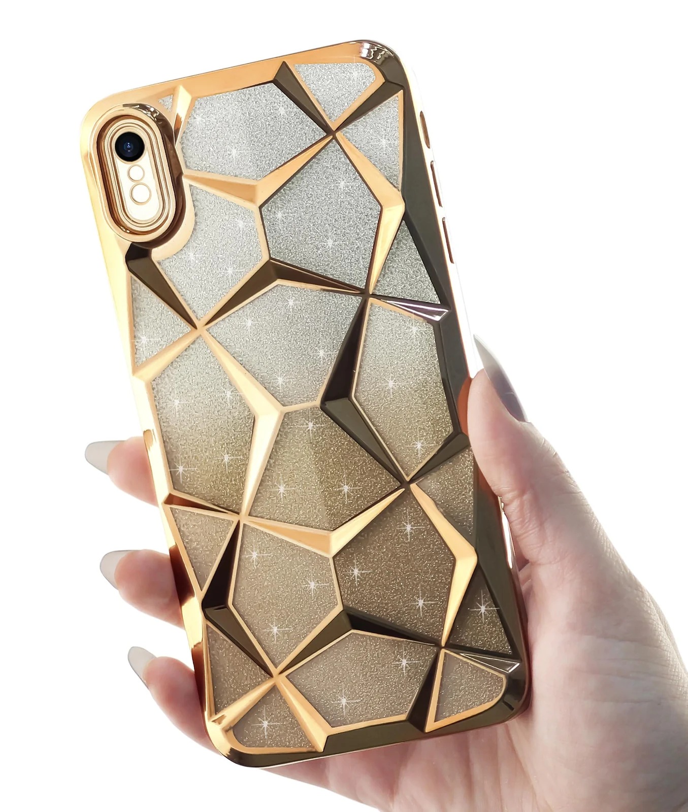 DL3 Mobilak Compatible with iPhone XR Case Plating Bling Gradient Glitter Clear Cover Soft TPU Silicone Cute Camera Protection Shockproof Back for Women Girls Case - Gold