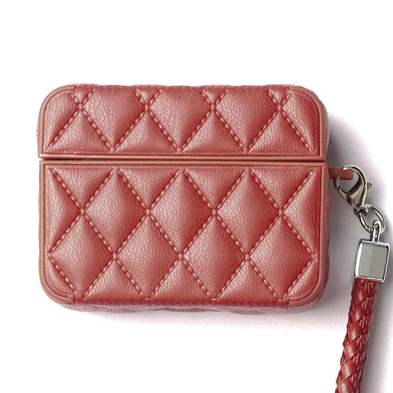 MOBIGON Diamond-Quilted PU Leather Case with Lanyard for Apple AirPods 3 (2021), Red