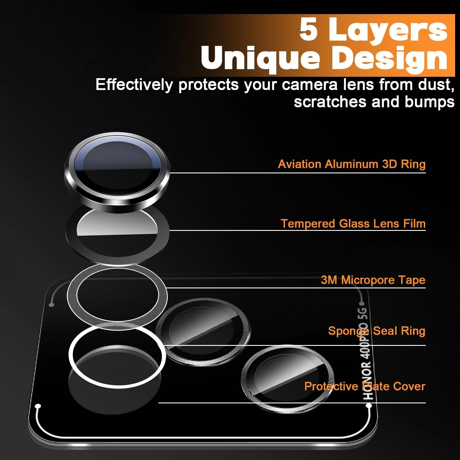 DL3 Mobilak Camera Lens Protector for Honor 400 Pro 5G Accessories, 9H Tempered Glass Metal Individual Ring Camera Cover Screen Protector, Case Friendly, Anti Scratch - Black