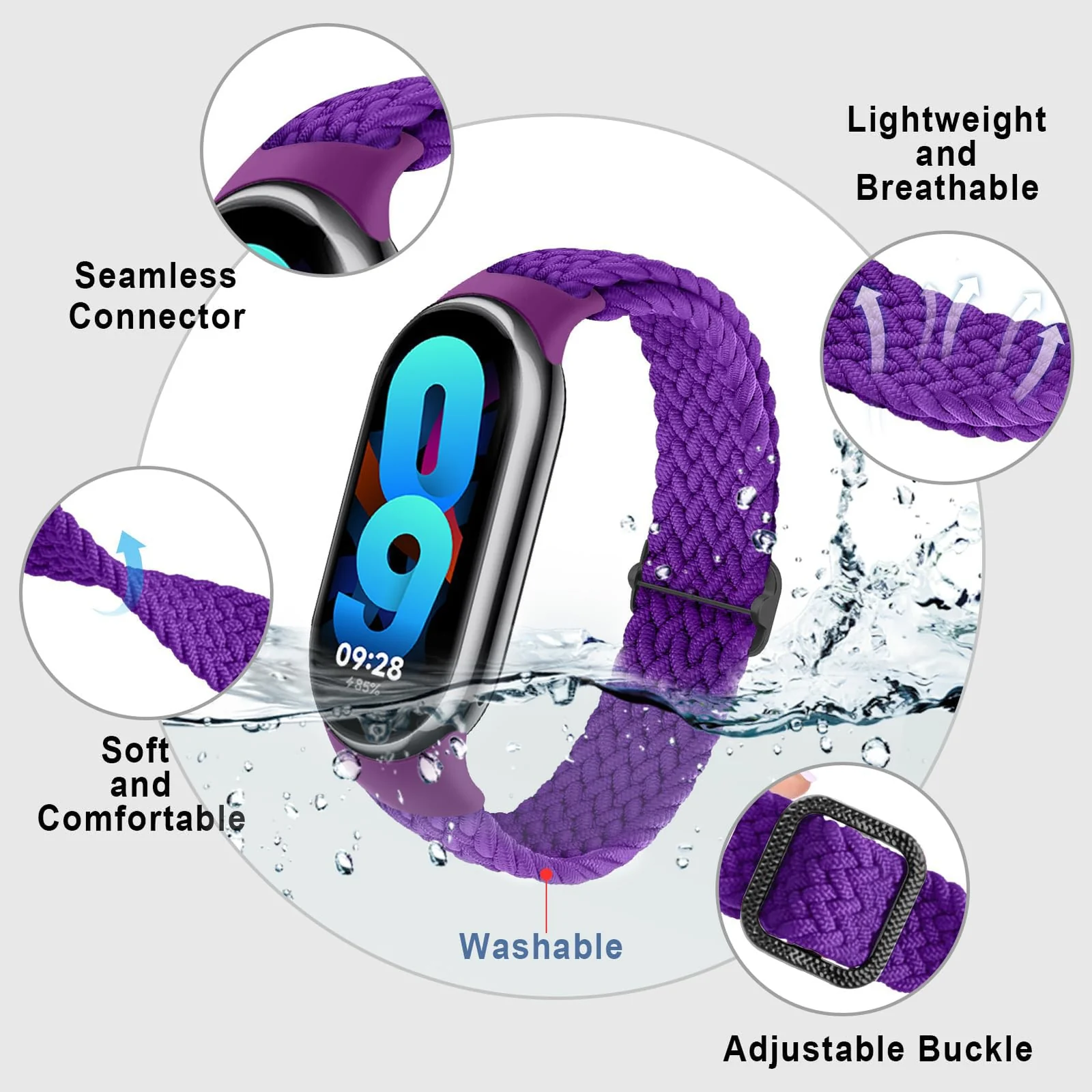 DL3 Mobilak Compatible with Xiaomi Mi Band 10/9/8 strap, Braided Solo Loop for Nylon Elastic Adjustable Replacement Wristband Compatible with Xiaomi Smart Band 8/9/10 - purple