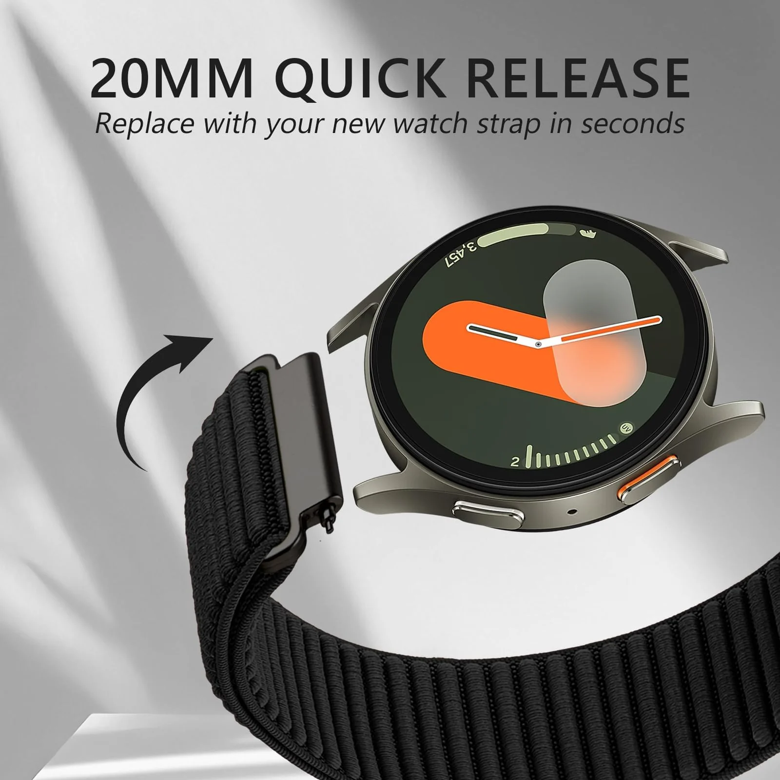 DL3 Mobilak Nylon Loop Sport Band For 20mm For Samsung Galaxy Watch 7/6/5/4 40mm 44mm/5 Pro 45mm/S2 classic/active 2 40mm 44mm/Amazfi GTS 2/2e/3/3 Pro/GTS4/GTS 2 Mini/4 Mini/Bip 3, Stretchy Strap Elastic Fabric - Black