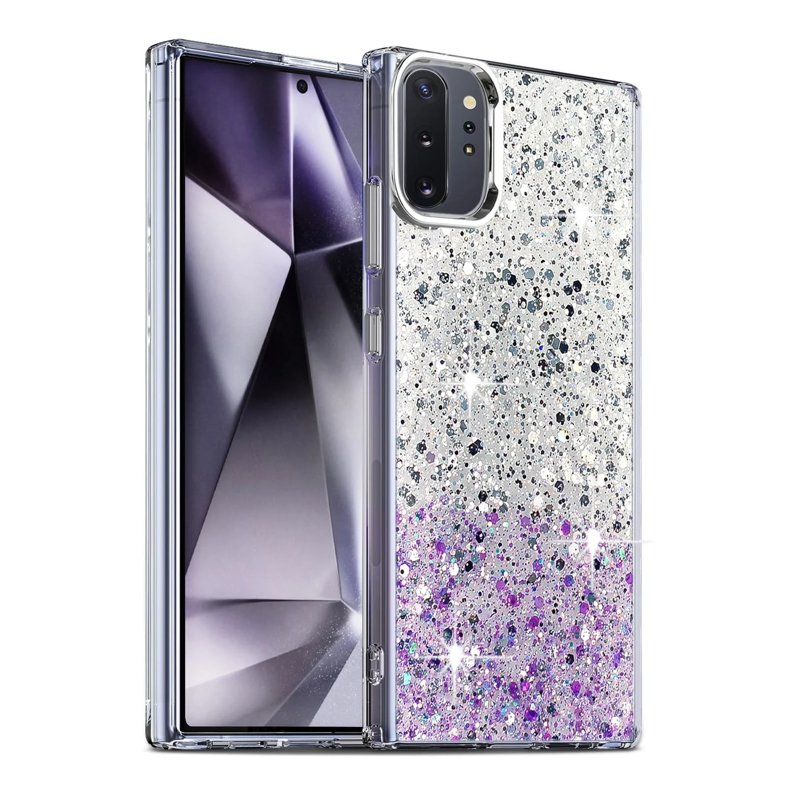 DL3 Mobilak Compatible with Samsung Galaxy Note 10+ Plus Case, Clear Glitter Bling Sparkly, Soft TPU Frame Bumper, Hard-Back Cover for Women & Girls, Transparent Protective Phone Case - White Purple