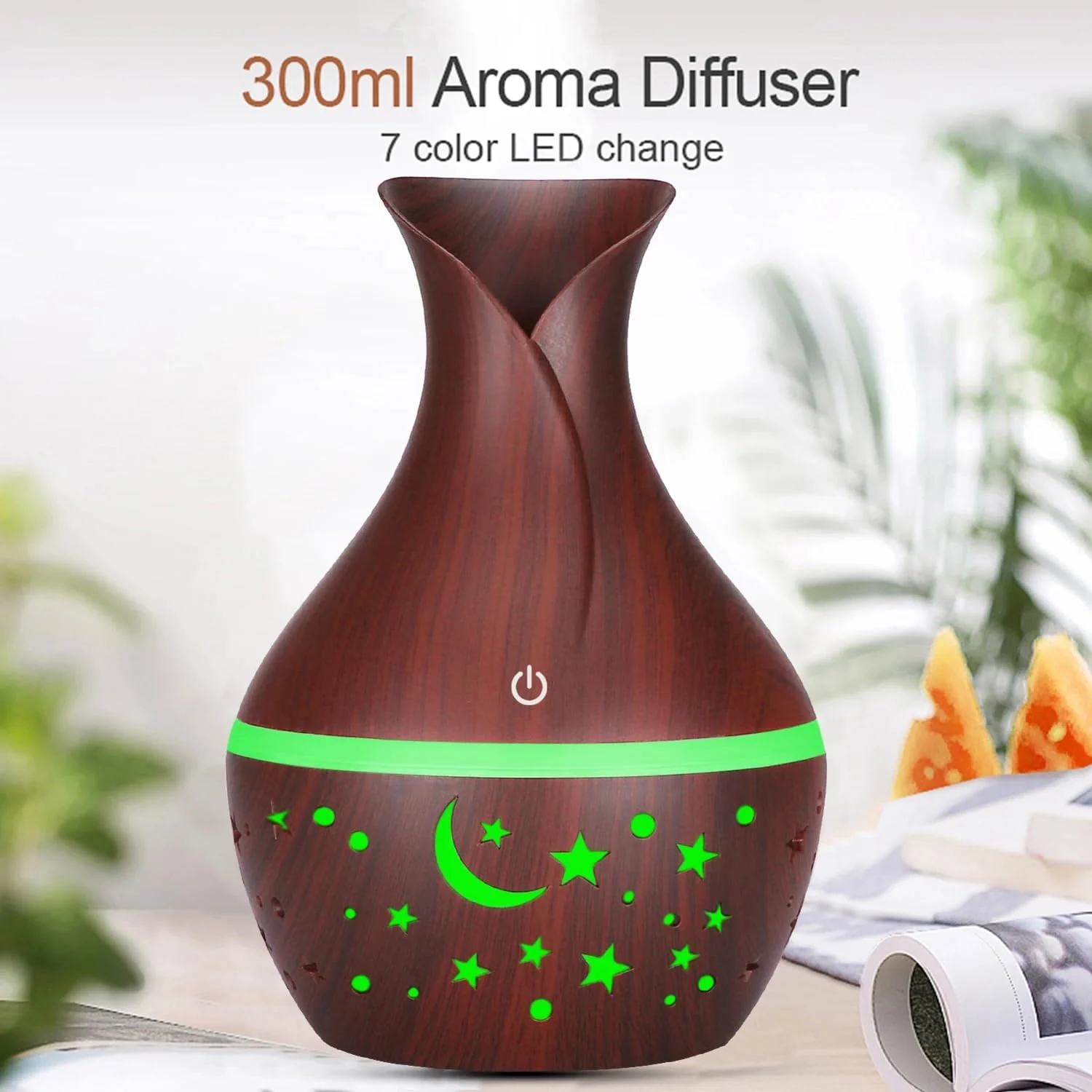 Mobigon Wood Cool Mist Ultrasonic Humidifier for Room Moisture, Aroma Diffuser for Home, 200ml Essential Oil Diffuser with 7 Colorful Night Light, Auto Shut-Off, Home, Office, car - H.Dark Brown